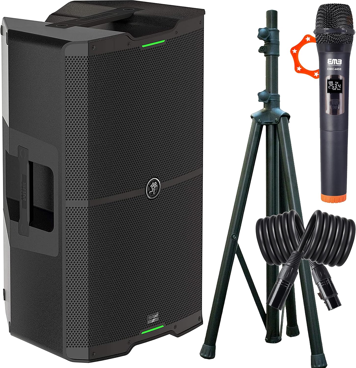 Mackie SRM V-Class Series, 15-Inch 2000W High-Performance Loudspeaker, Powered-Black (SRM210 V-Class) with EMB Speaker Stand, EMB Cable and EMB Wireless Microphone Bundle