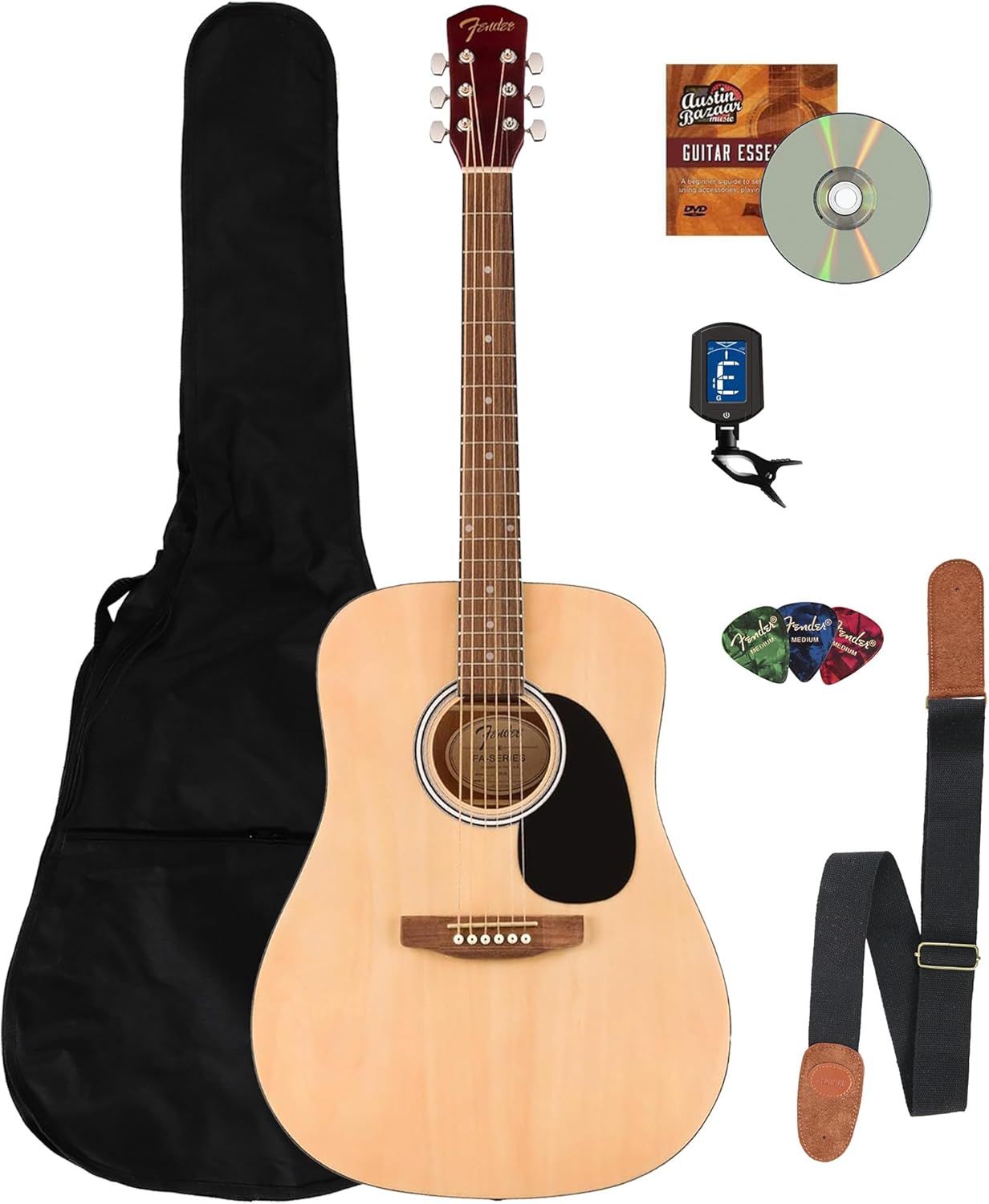 Fender Dreadnought Acoustic Guitar - Natural Bundle with Gig Bag, Tuner, Strap, Picks, and Austin Bazaar Instructional DVD