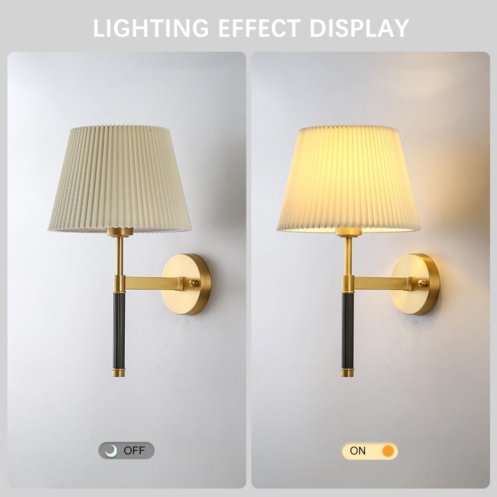 Gold Wall Sconces Pleated Fabric Wall Lamp, 1-Light Brass Vanity Retro Hardwired Indoor Vintage Industrial Wall Mount Lamp Fixture Lighting for Bedroom Bedside Living Room Hallway
