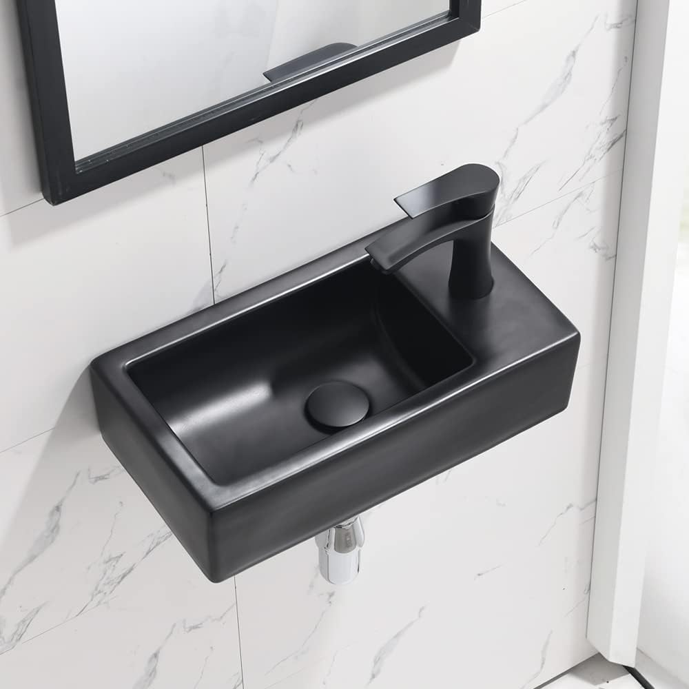 Wall Mount Corner Bathroom Sink with Faucet-Bokaiya 18 Inch Small Bathroom Sink Matte Black Porcelain Ceramic Cloakroom Mini Wall Mount Floating Vessel Sink with Faucet and Drain Combo, Right Hand