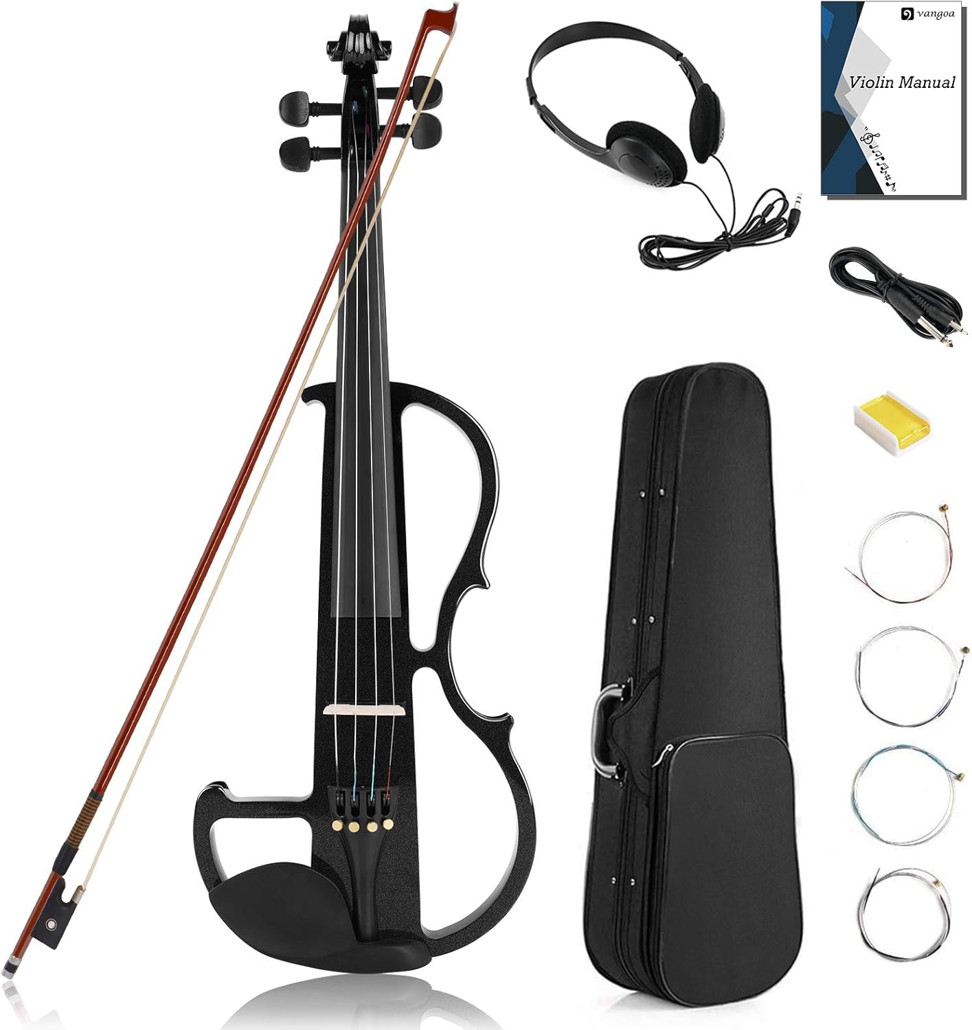 Vangoa Electric Violin Full Size 4/4, Black Silent Electric Violin, Solid Wood Metallic Electric Fiddle with Ebony Fittings, Beginner Kit for Adults Teens