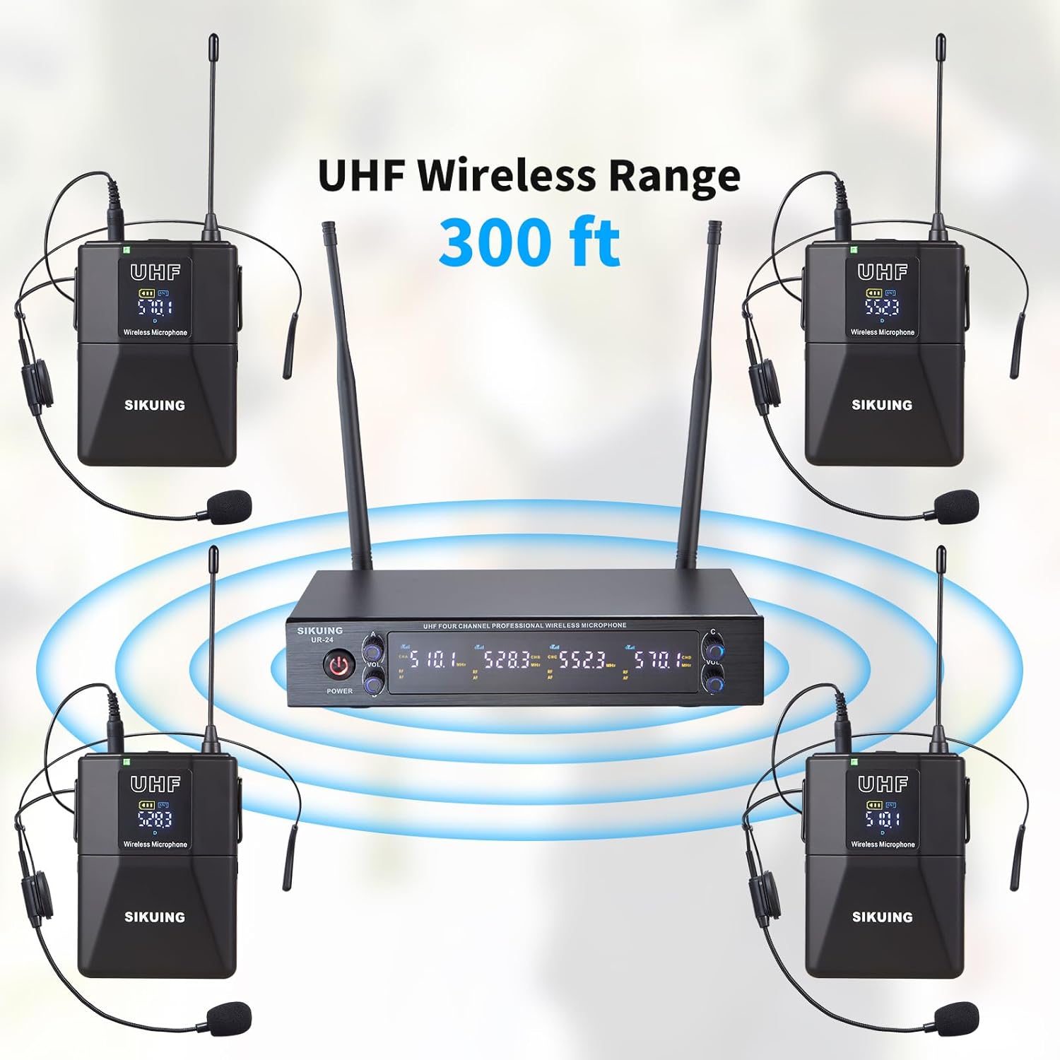 4 Channel UHF Wireless Microphone System with Lavalier Headset Mics, 4x50 Adjustable Frequencies, Ideal for Karaoke Meeting Church, 300ft Range (4 Bodypack)