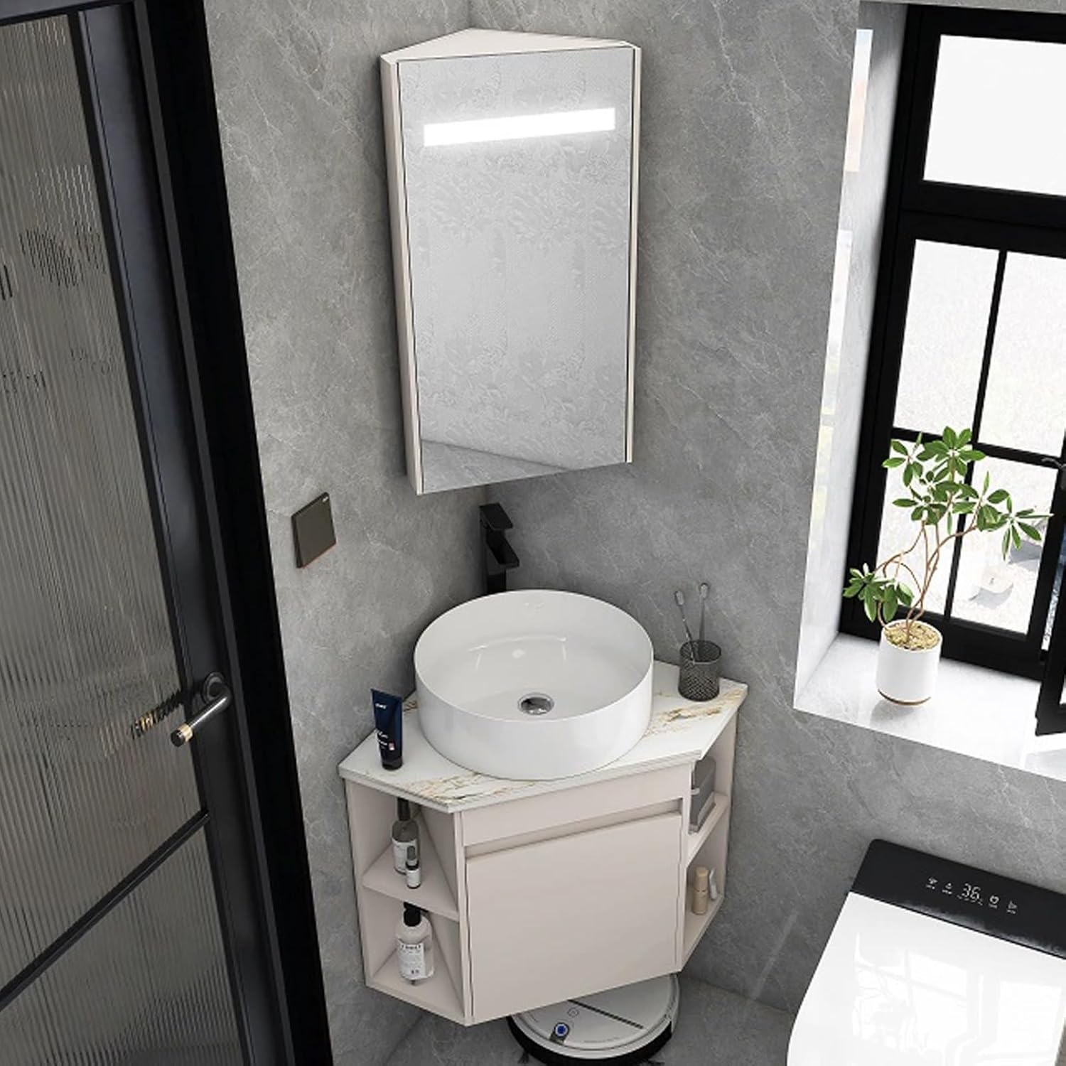 Corner Wall Mount Bathroom Sink, Corner Bathroom Vanity, Wall Hung Floating Porcelain Ceramic Wash Basin, Ceramic Corner Sink with Storage Container, for Small Space(38cm/14.9in)