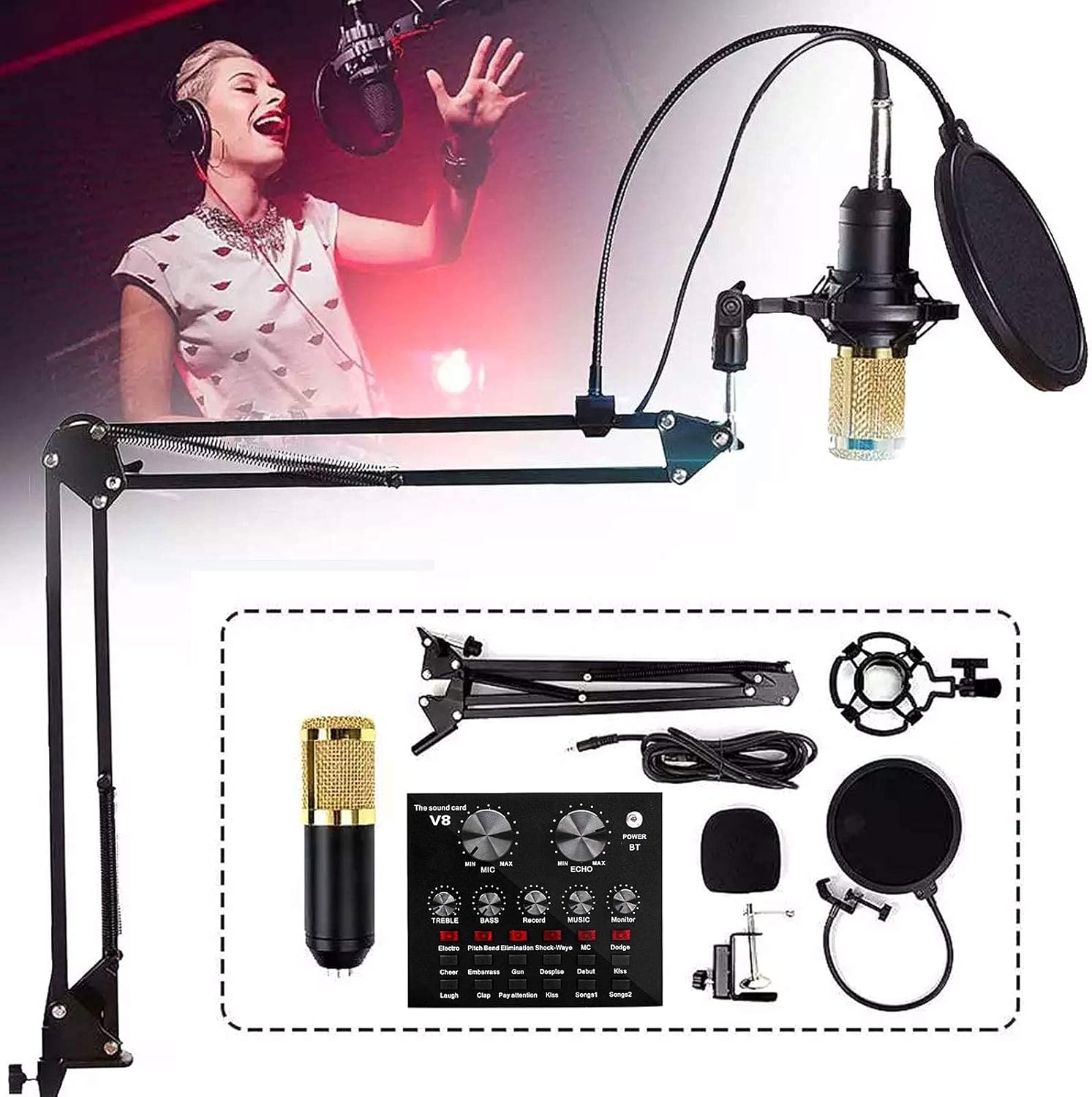 Condenser Microphone Bundle,Mic Kit with Live Sound Card,Mic Set with Adjustable Mic Suspension Scissor Arm,Mini Sound Mixer Board with Multiple Sound Effects,for Podcast,Game etc