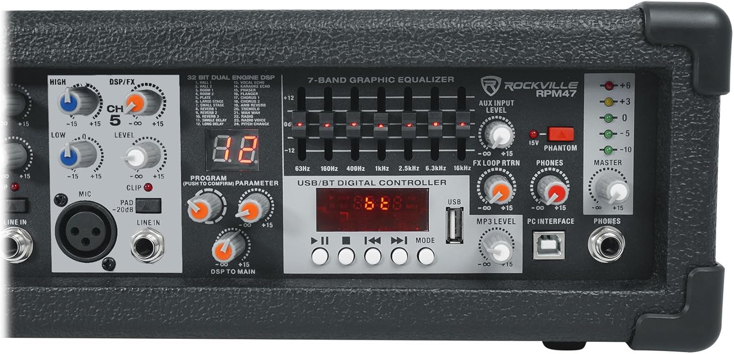 Rockville RPM47 1800w Powered 5 Channel Mixer Amplifier, 8 Ohm, Bluetooth, USB Interface, Digital Effects, 7-Band EQ, for Live Bands and Church Audio