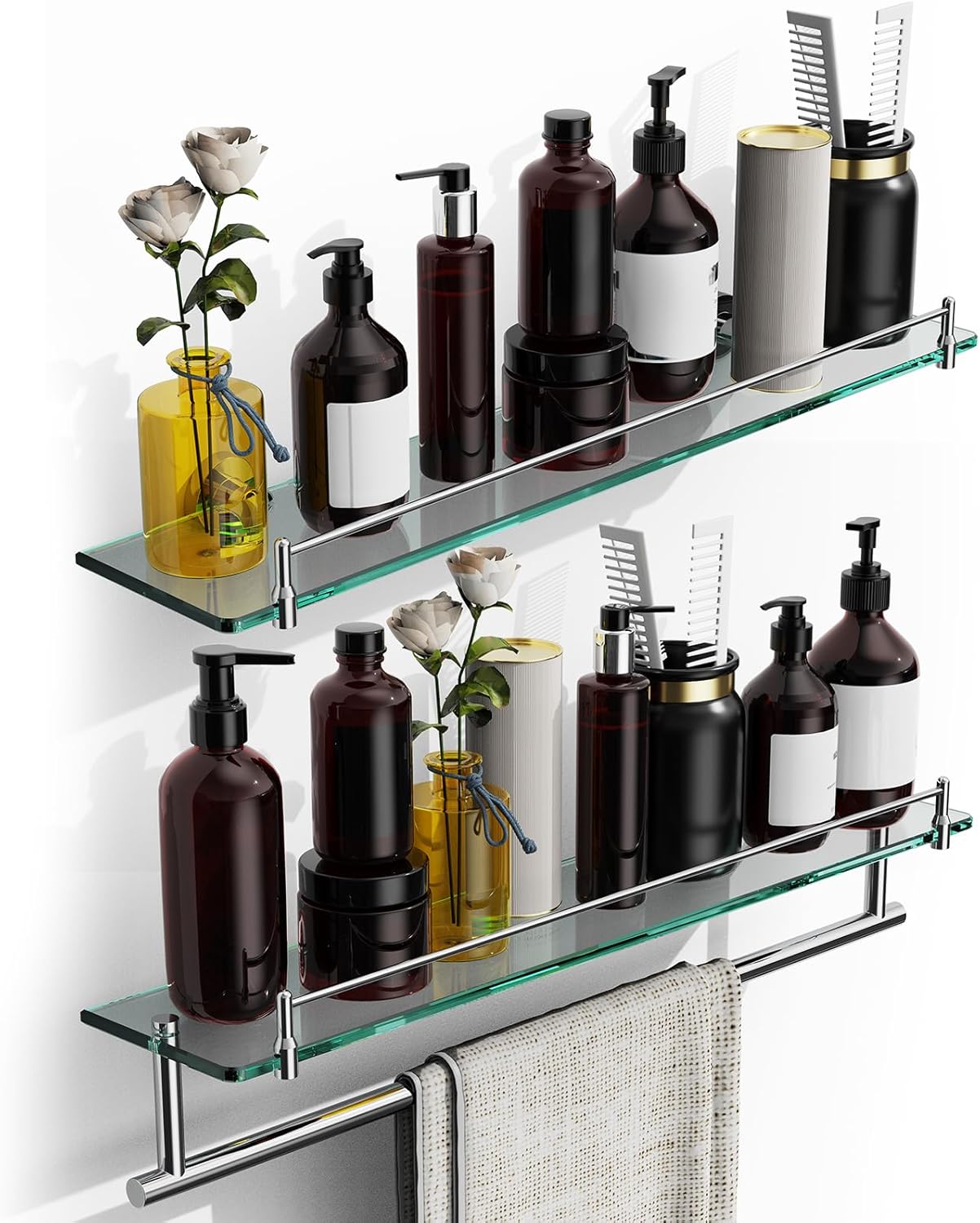 Glass Shelf for Bathroom 2 Pack,24-Inches Floating Glass Shelves Towel Bar/Track(Chrome Polished)