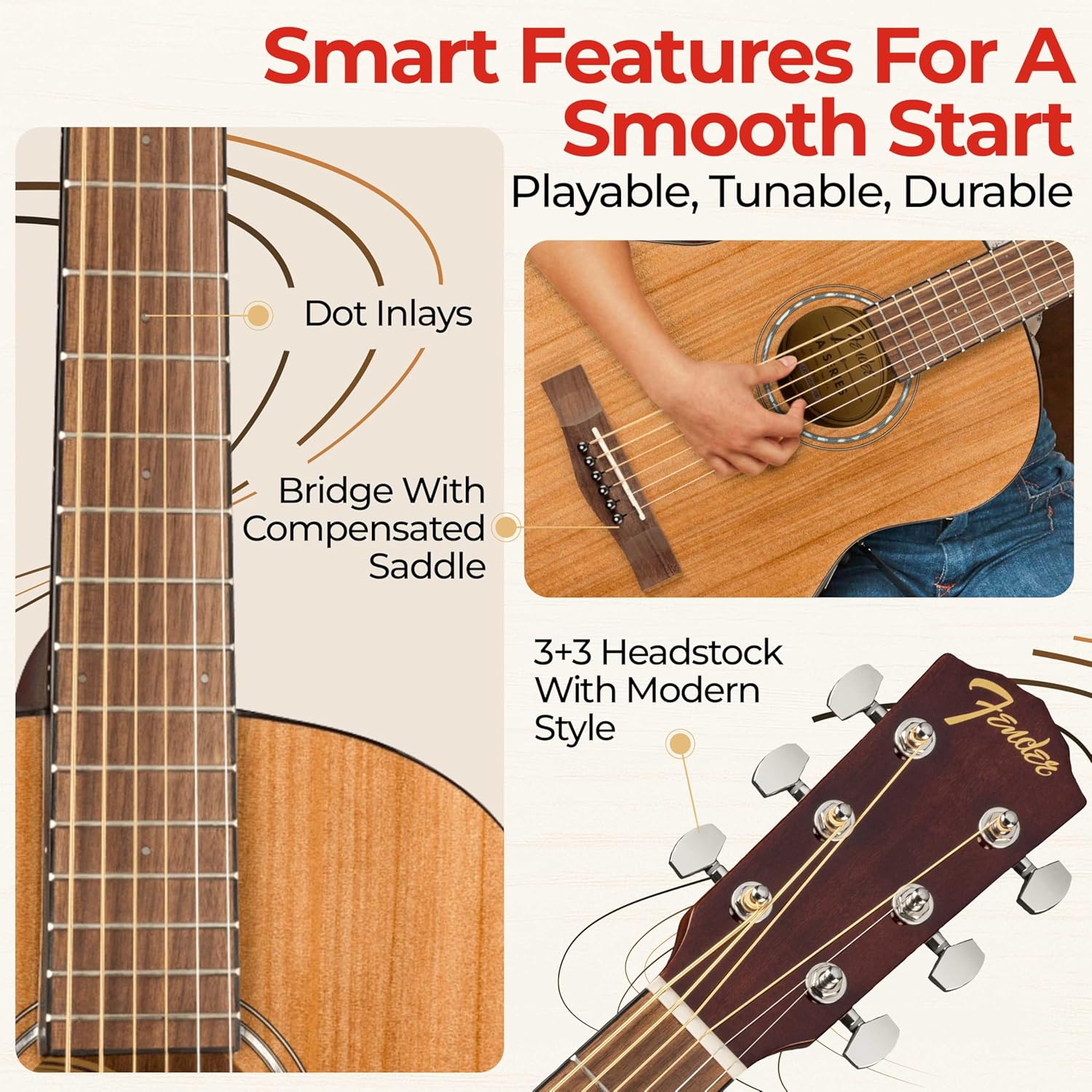 Fender FA-15 3/4-Scale Kids Steel String Acoustic Guitar - Natural Bundle with Gig Bag, Tuner, Strap, Picks, and Austin Bazaar Instructional DVD