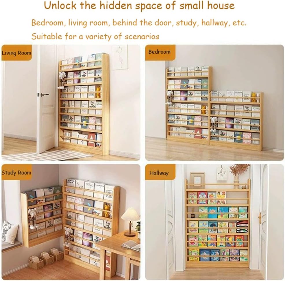 Wooden Wall Mount Bookshelf with Hooks Space Saving nizer for Narrow Spaces 50 * 10 * 119cm