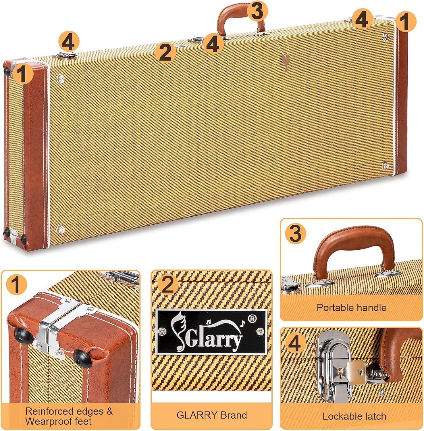 GLARRY Electric Guitar Hard Shell Case Portable Square Guitar Case Wooden 39-Inch With Neck & Bridge Padding