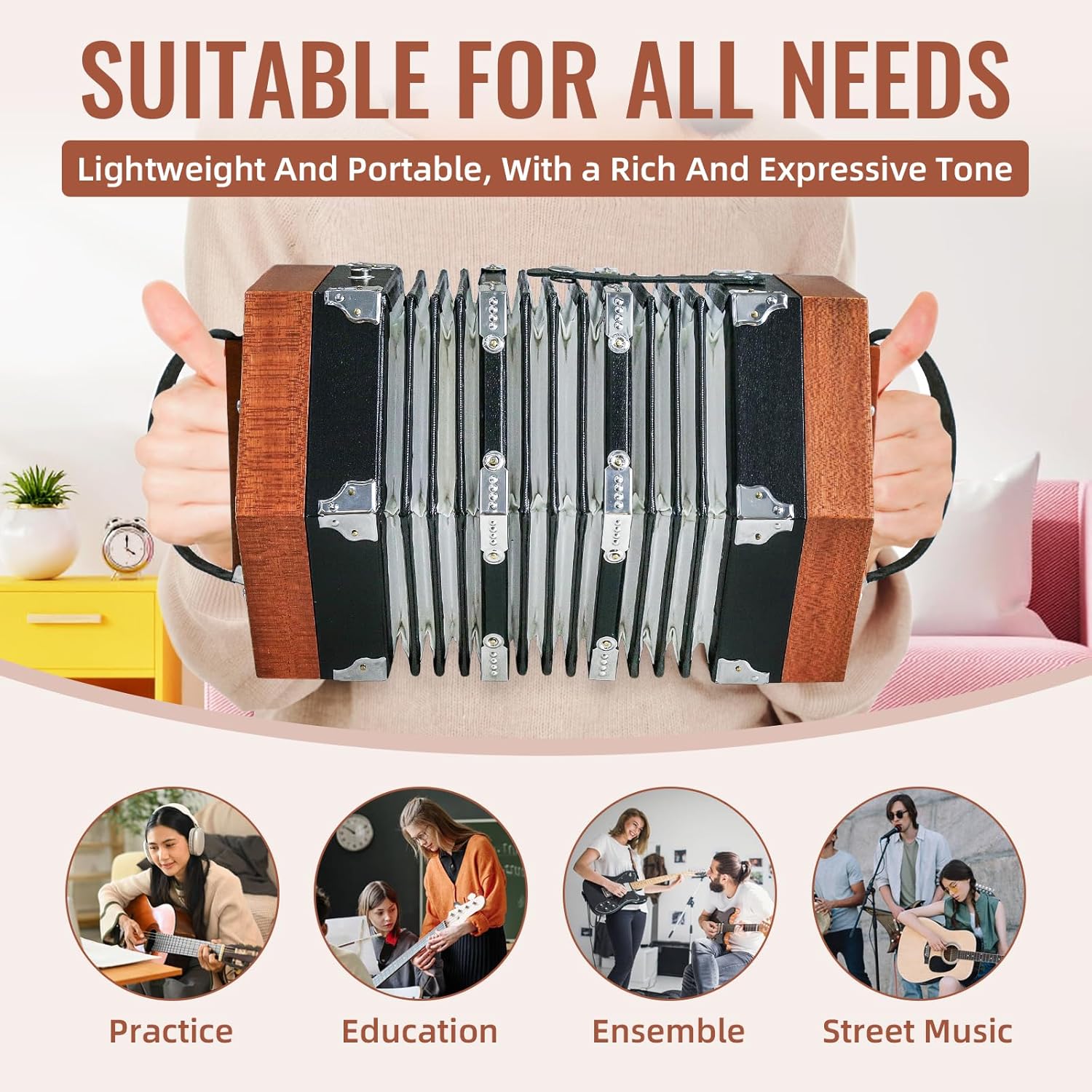 Concertinas，20 Buttons Accordion For Adults Professional Accordion for Beginners, Adjustable Hand Strap, Musical Instrument Accessories With Carrying Bag, Harmonica,Wipe Cloth (wood)