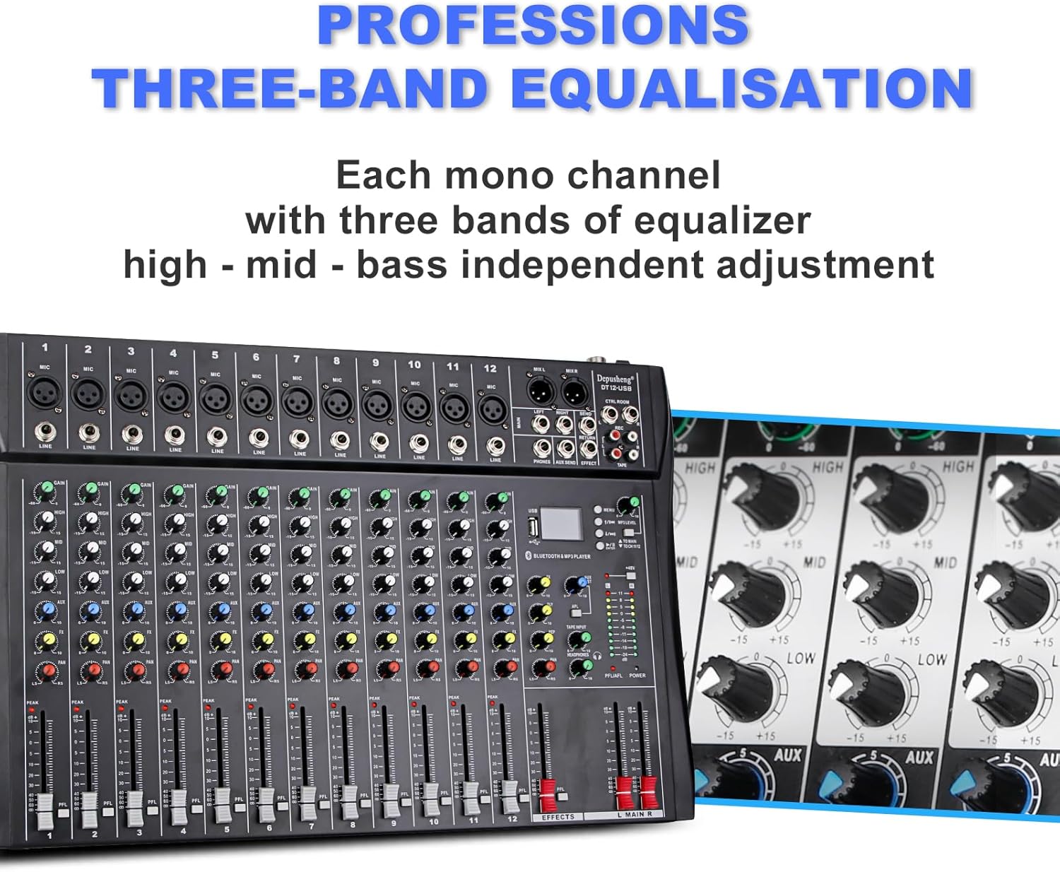 Depusheng DT12 Studio Audio Mixer 12-Channel DJ Sound Controller Interface w/USB Drive for Computer Recording Input, XLR Microphone Jack, 48V Power, RCA Input/Output for Professional and Beginners