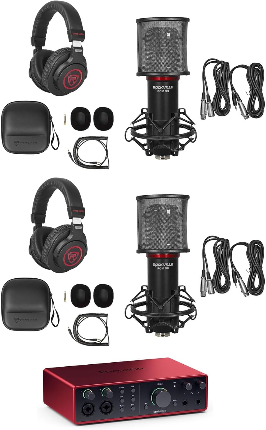 Audiosavings Bundle: Focusrite SCARLETT 16I16 4G 4th Gen 24-bit Audio Recording Interface Bundle with (2) Rockville PRO-M50 SR Headphones+(2) RCM SR Studio/Recording Condenser Microphone (5 Items)