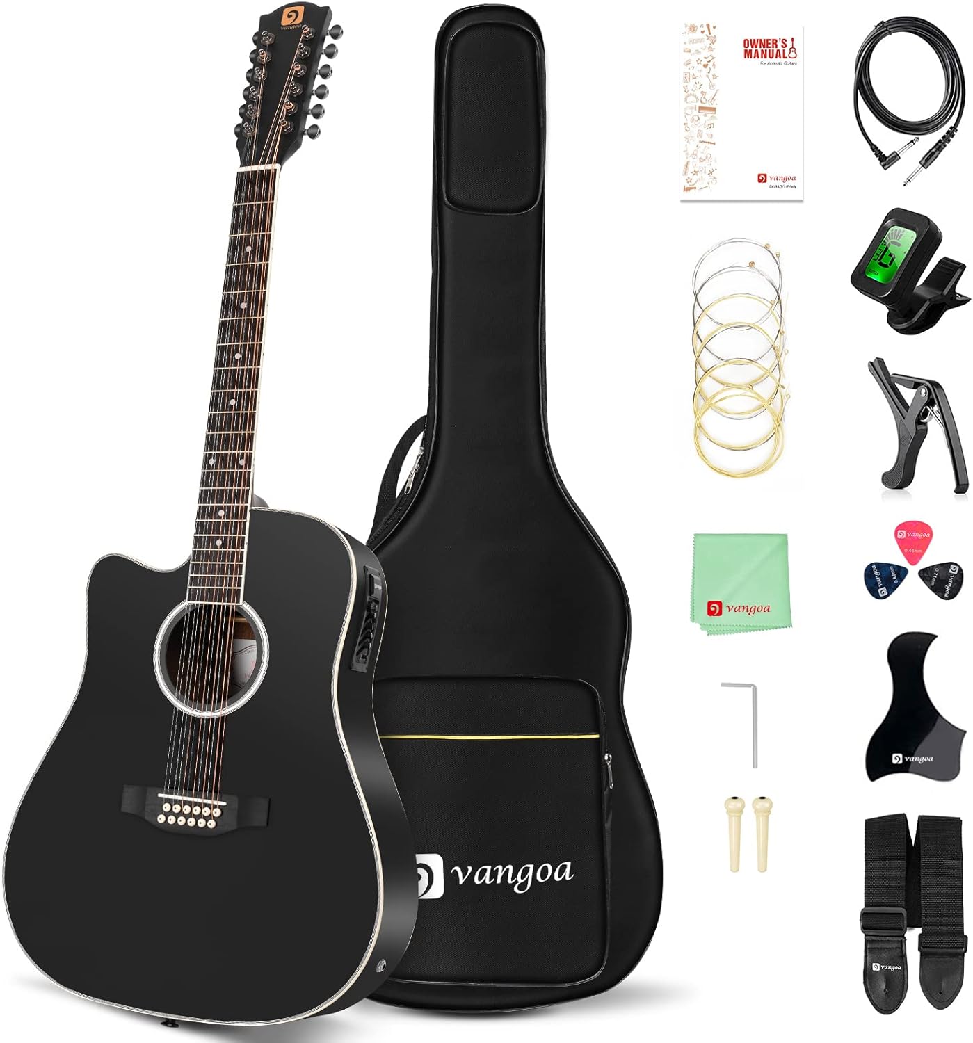 Vangoa LEFT HANDED 12 String Guitar Acoustic electric Cutaway 42 Inch Full Size Dreadnought Spruce Top Sapele Body for Beginners Teens Adults, Black, Matte