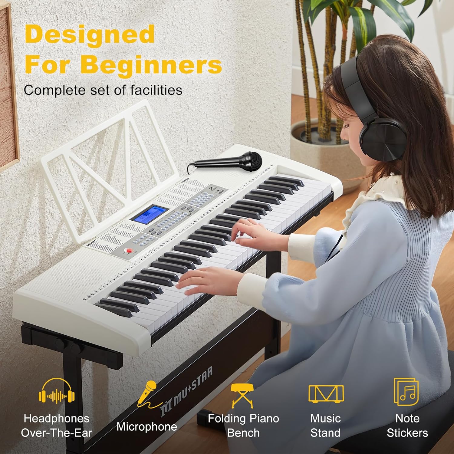 61 Key Piano Keyboard, Electric Keyboard Piano with Light-Up Keys, 255 Tones/Rhythms, Smart Learning System, Headphone, Microphone, Keyboard Stand, Stool, Stickers, Piano Keyboard Set for Beginners