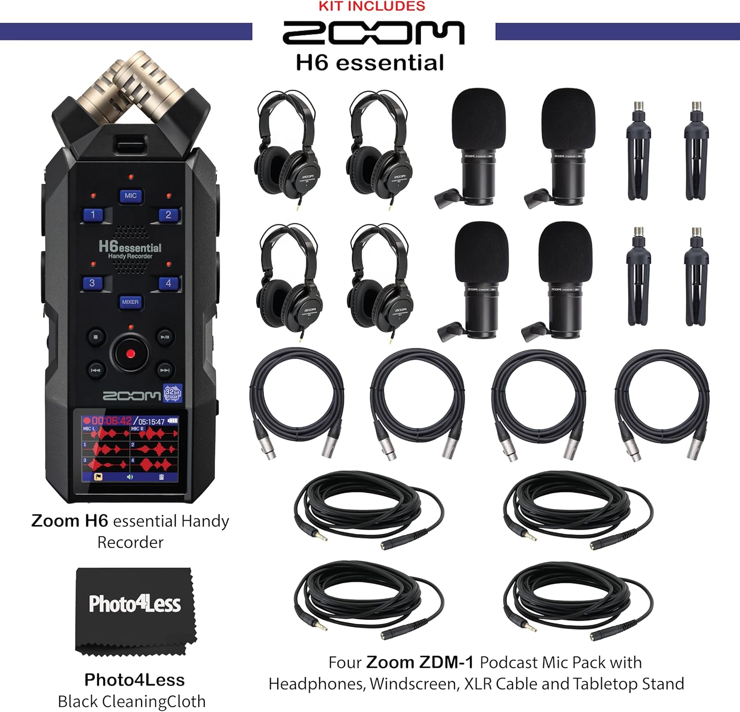 Zoom H6essential 6-Track 32-Bit Float Portable Audio Recorder Bundle With 4x Zoom ZDM-1 Podcast Mic Pack with Headphones, Windscreen, XLR Cable and Tabletop Stand