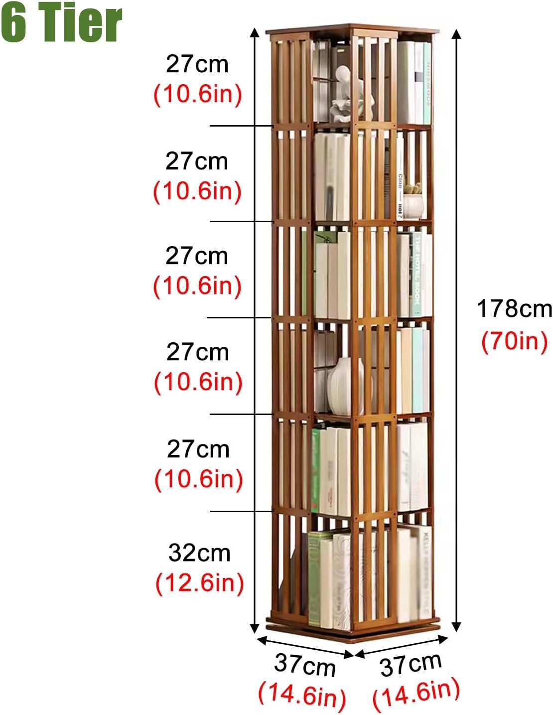 6 Tier Freestanding Books Magazine Documents Organizer Cabinet with Removable Book Stops & Foot Pad, 360 Rotating Bookshelf for Kids & Student, Home Commercial(Wood Color)