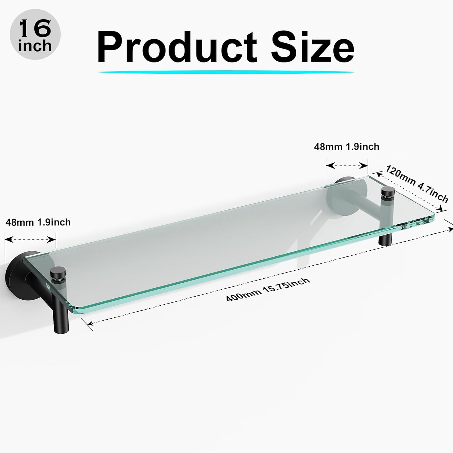 Bathroom Shelf Glass Shelf 2 Pack,16-Inches Floating Glass Shelves Towel Bar/Track(Matte Black)