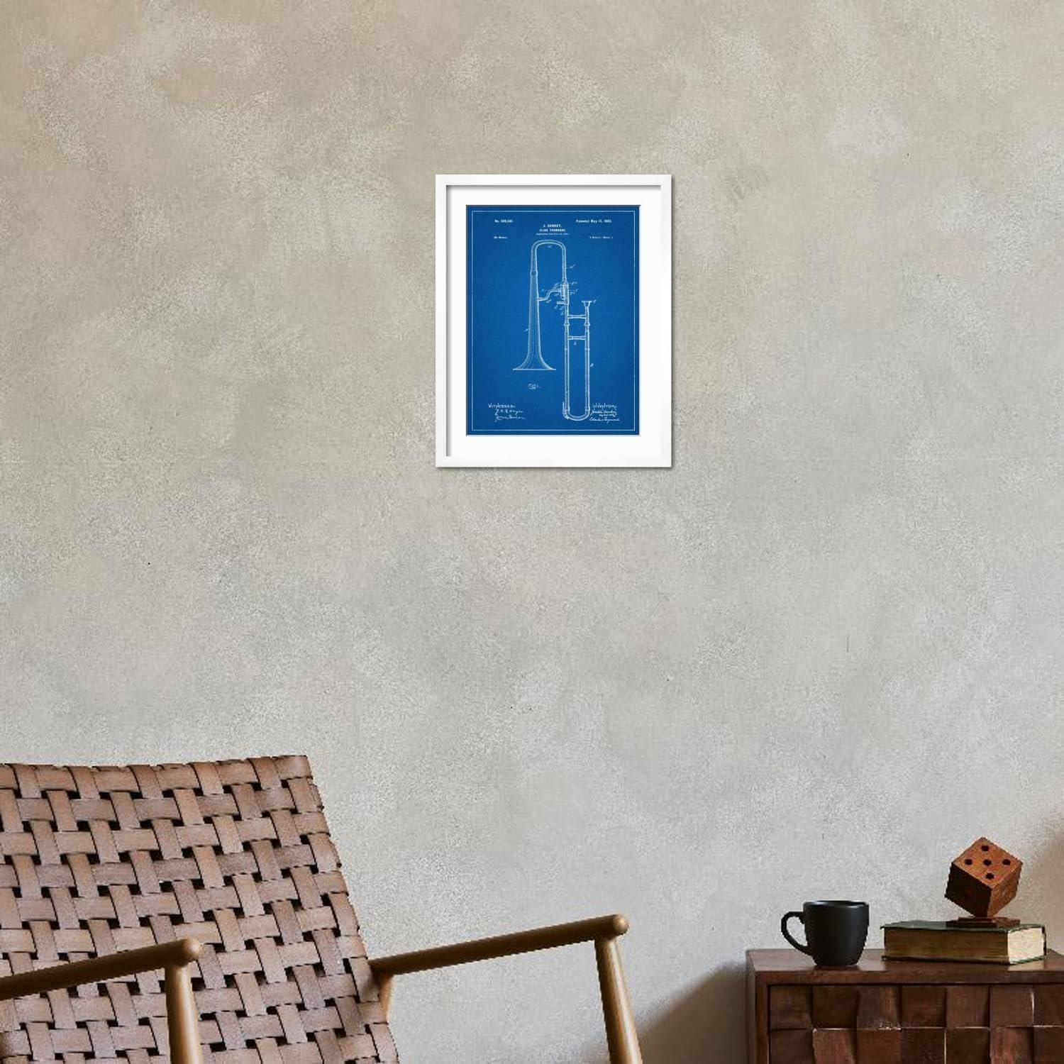 ART.COM Wall Art Print Slide Trombone Instrument Patent on White Frame, 16