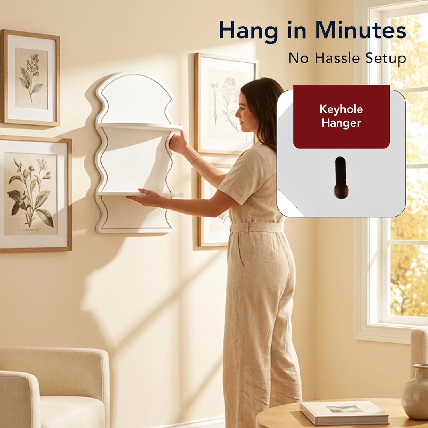 American Art Decor White Wavy Arched Lunar Ledges Wall Shelf, Wooden 2-Tier Floating Bookshelf for Wall, Carved Fluted Arch Display Shelf for Bedroom Bathroom Kitchen Living Room Decor, 14