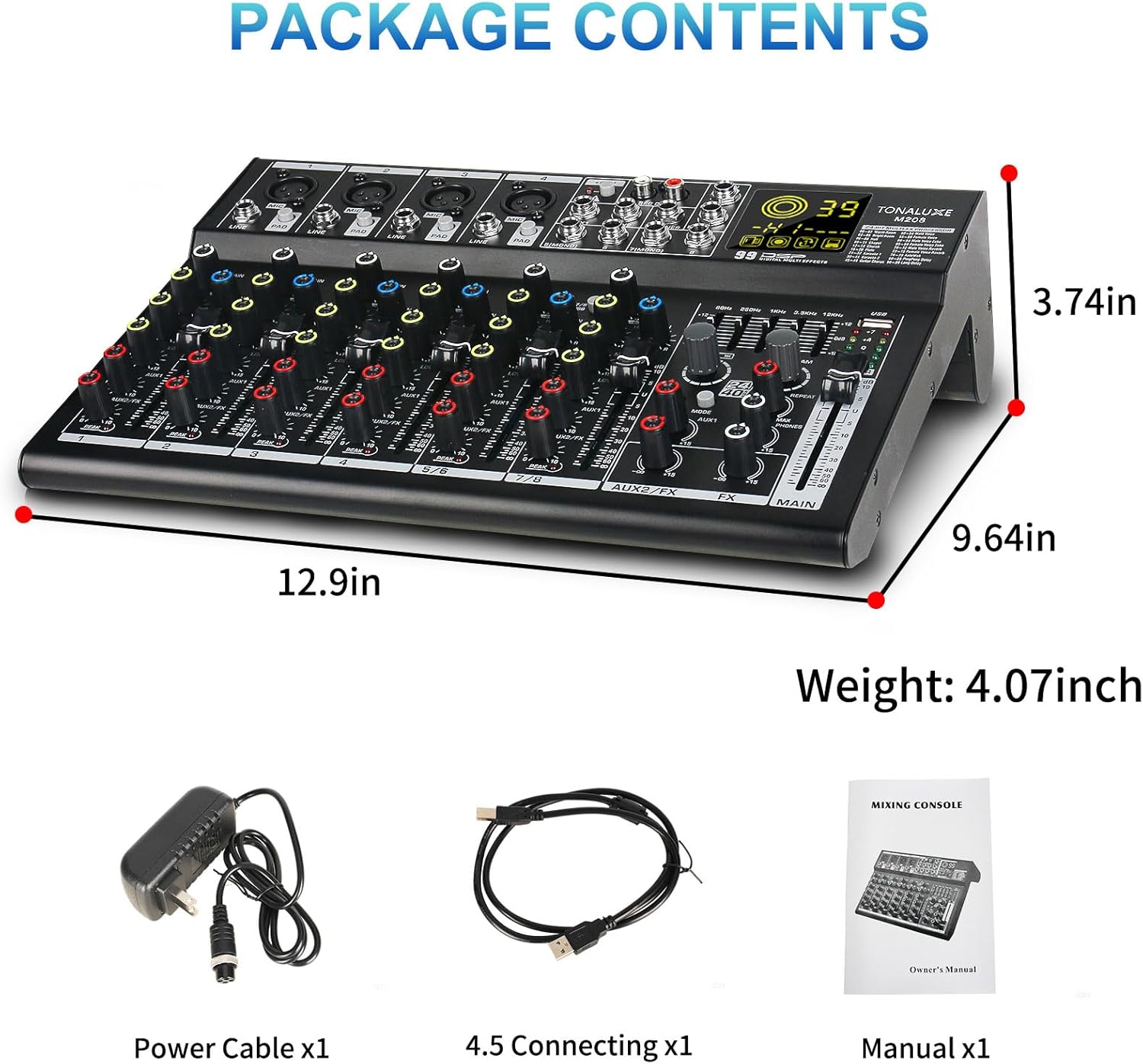 8 Channel Mixer Audio, Professional Music Sound PA Mixer DJ Mixing Board Console with 99 DSP Effects, 5-band EQ, Bluetooth, USB Interface, 48V Phantom Power for Recording Stage Karaoke
