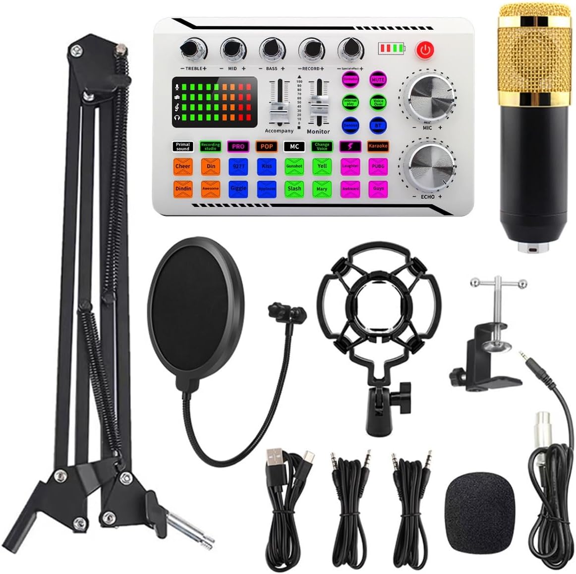 Podcast Equipment Bundle, Recording Studio Equipment with F998 White Sound Card and Bm800 Cantilever Set，Studio Condenser Microphone for Smartphone, DJ, Video Recording, Streaming and Singing