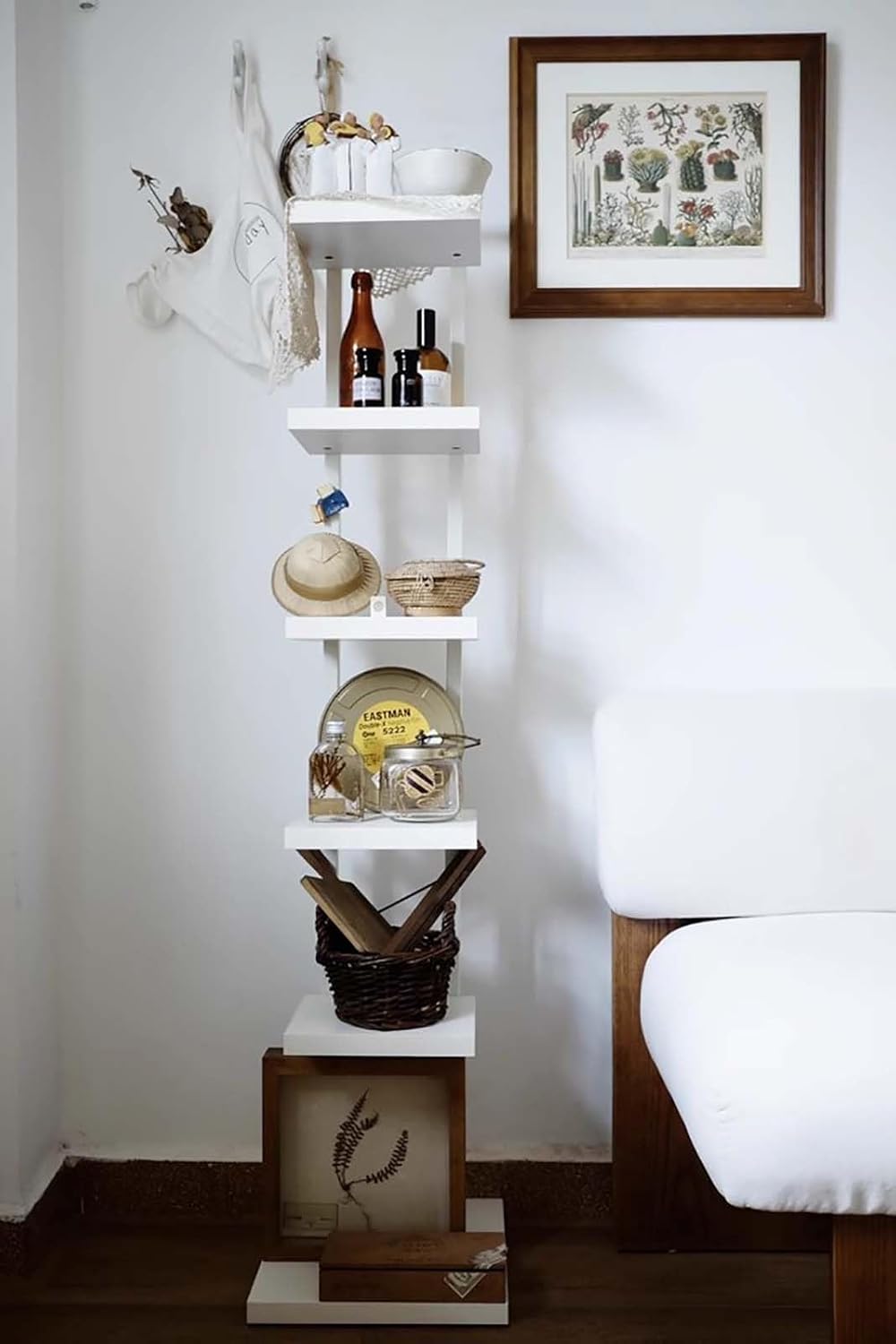 White Corner Bookshelf 6-Tier, Vertical Spine Book Tower Display Rack Wood, Invisible Bookshelves Floor Standing, Home Office Furniture