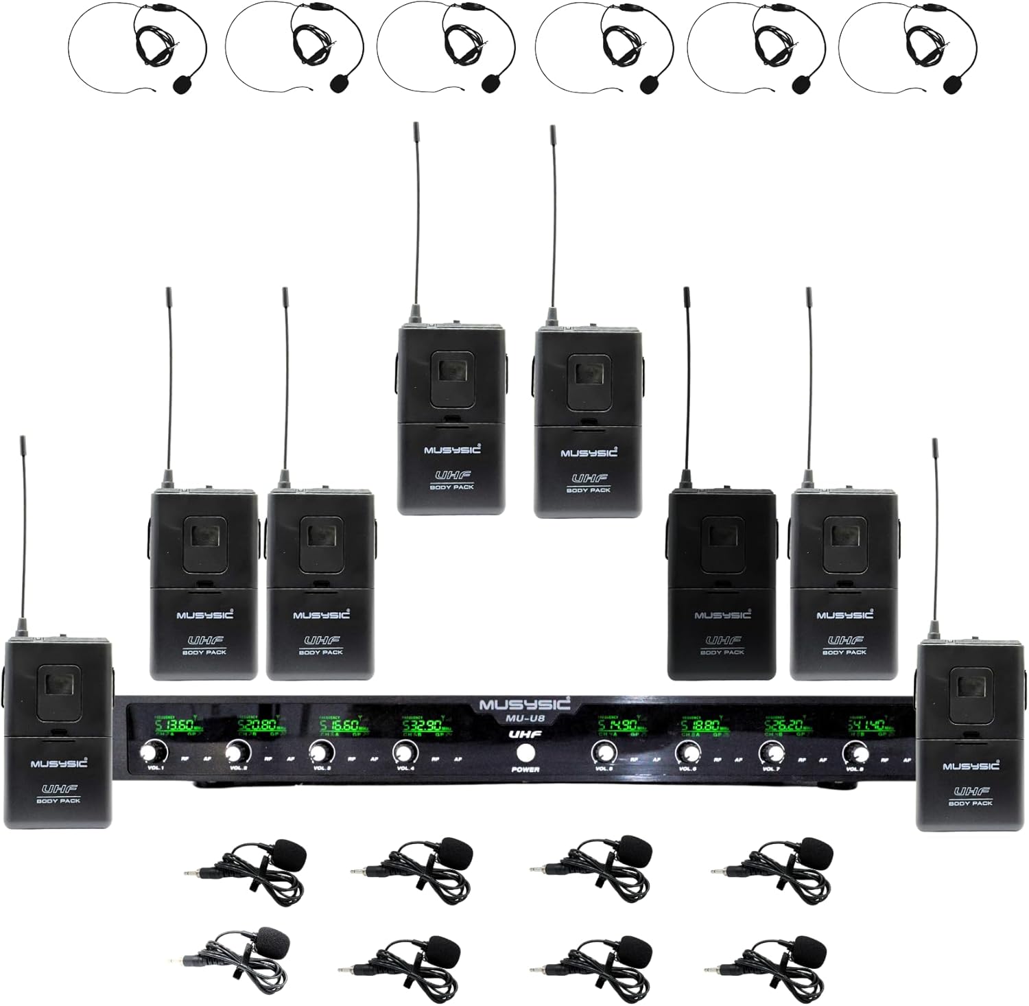 MUSYSIC 8-Channel Professional Wireless UHF Microphone System, 300ft Range Fixed Frequency Bodypack Headset/Lapel Microphones for Singing, Karaoke, Church, DJ (Frequency Set 2)