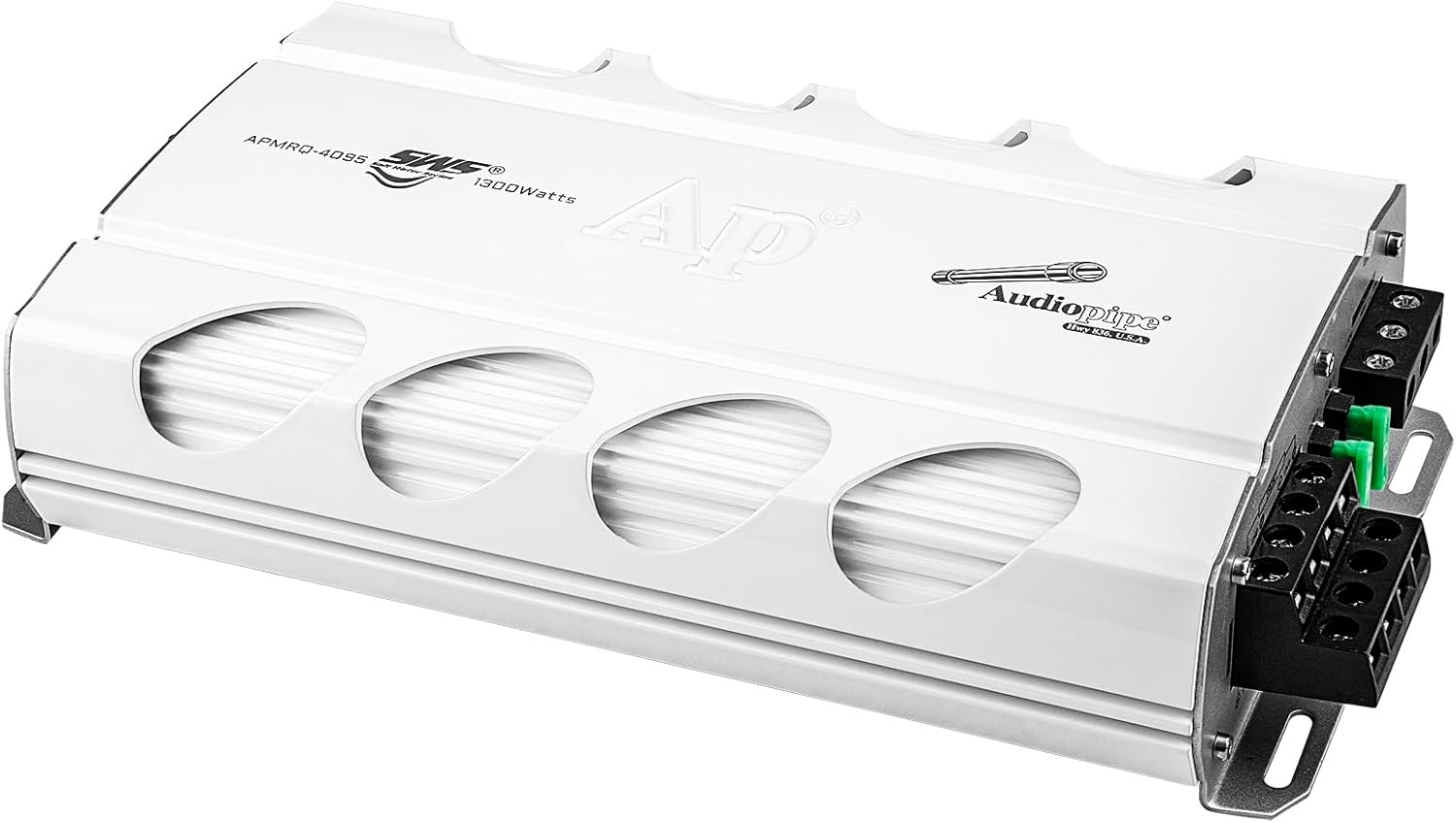 Audiopipe Mini Design 4-Channel Mosfet Marine/Boat Amplifier (APMRQ-4095), 1300 Watts, Class A/B, Compact Design, Weatherproof, Remote Control, Perfect for Boats, Marine Sound Systems, White