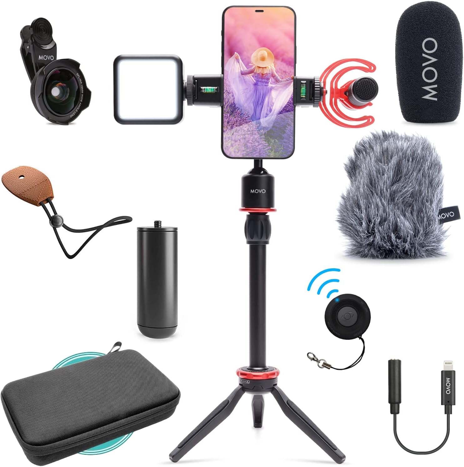 Movo iVlog1 Vlogging Kit - iPhone Lightning Compatible YouTube Starter Kit - Shotgun Microphone, Mini Tripod, LED Light, Wide-Angle Lens, Lightning Adapter