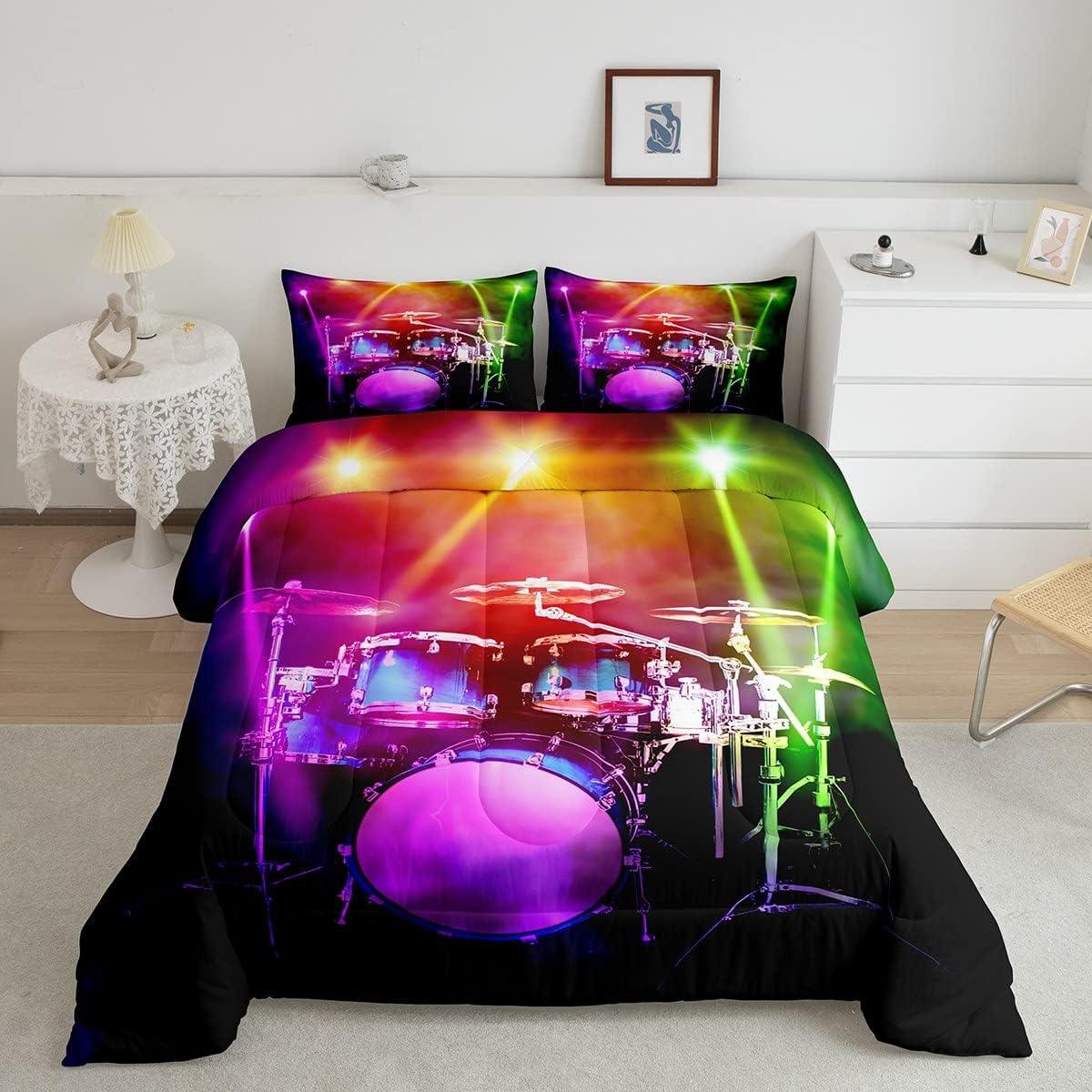 Feelyou Drum Kit Comforter Music Themed Bedding Set Musical Instruments Comforter Set for Boys Girls Kids Room Decor Colorful Glitter Duvet Set King Size with 2 Pillow Case Boys