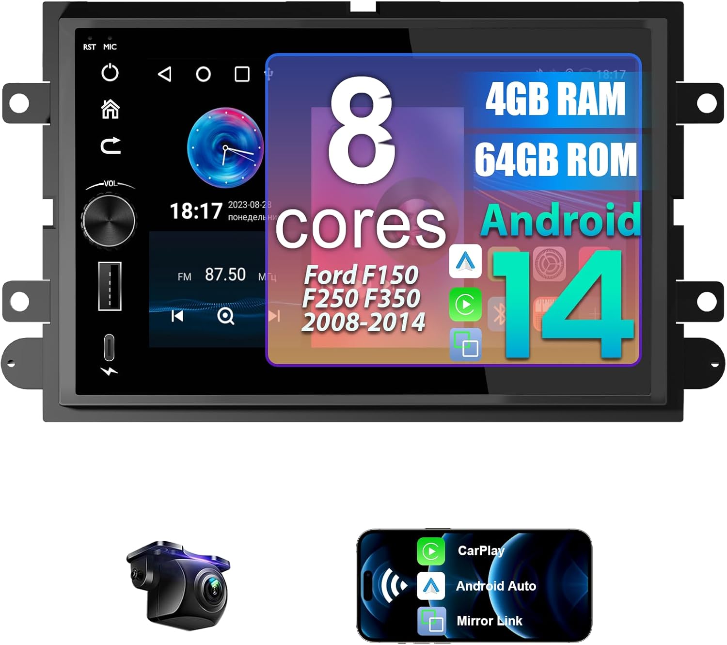 8 Core 4+64G Car Radio for Ford F150 2004-2008, F250 F350 2006-2014 with Wireless CarPlay Android Auto, 7