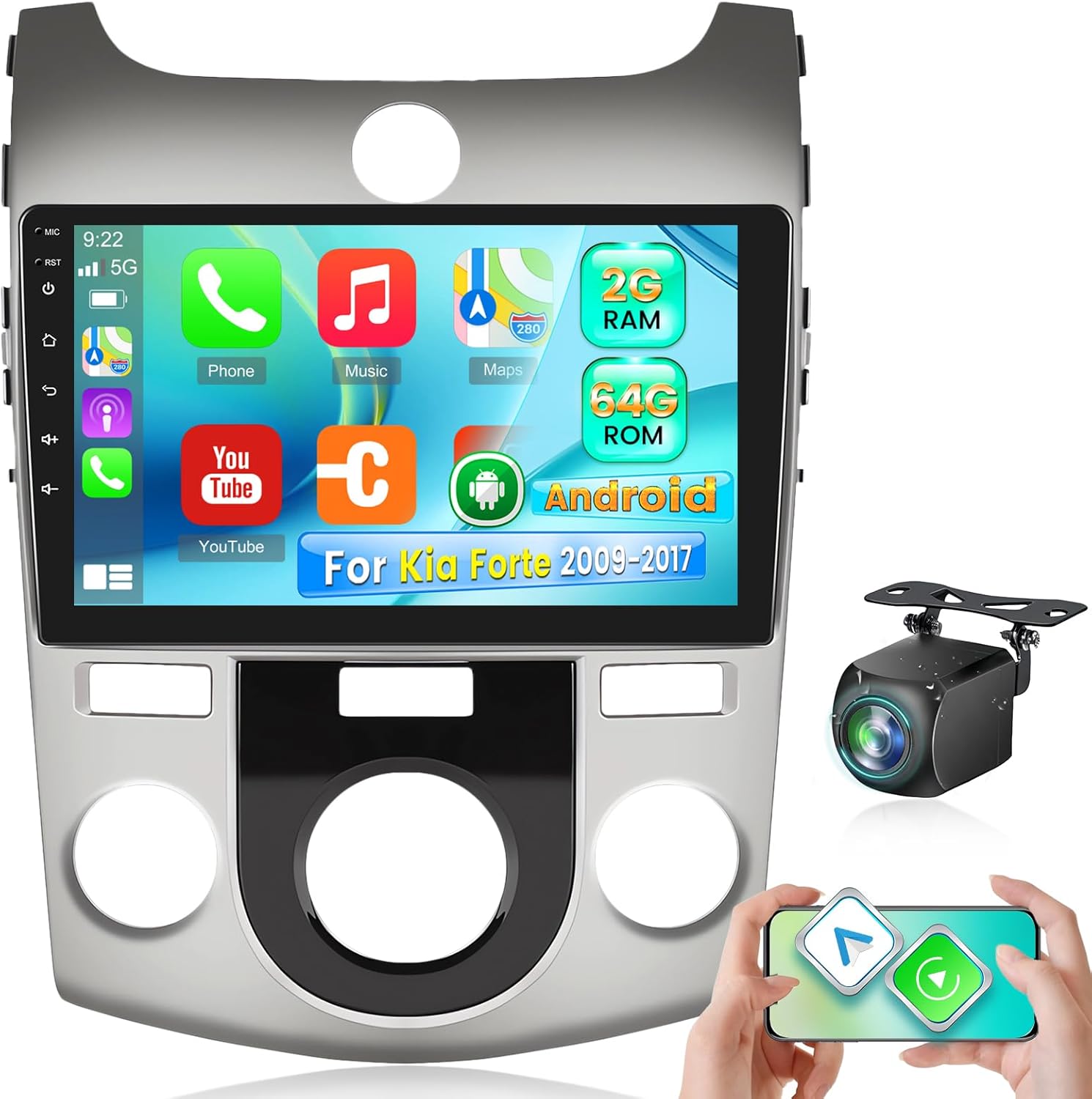 [2+64G] NHOPEEW Car Stereo for Kia Forte 2009-2017 with Wireless Carplay and Android Auto - 9 Inch Touch Screen Android Car Radio - DSP/WiFi/GPS/SWC/Bluetooth/FM/RDS + AHD Backup Camera