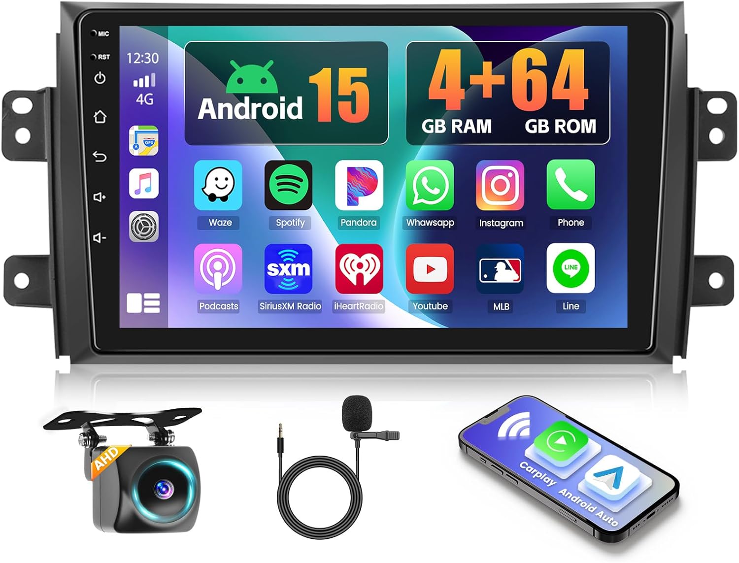 [4+64G] Android 15 Car Radio for Suzuki SX4 2006-2013 Wireless CarPlay Android Auto, 9 Inch Touch Screen for SX4 Radio with GPS WiFi, Bluetooth 5.0 FM/RDS 32EQ AHD Backup Camera