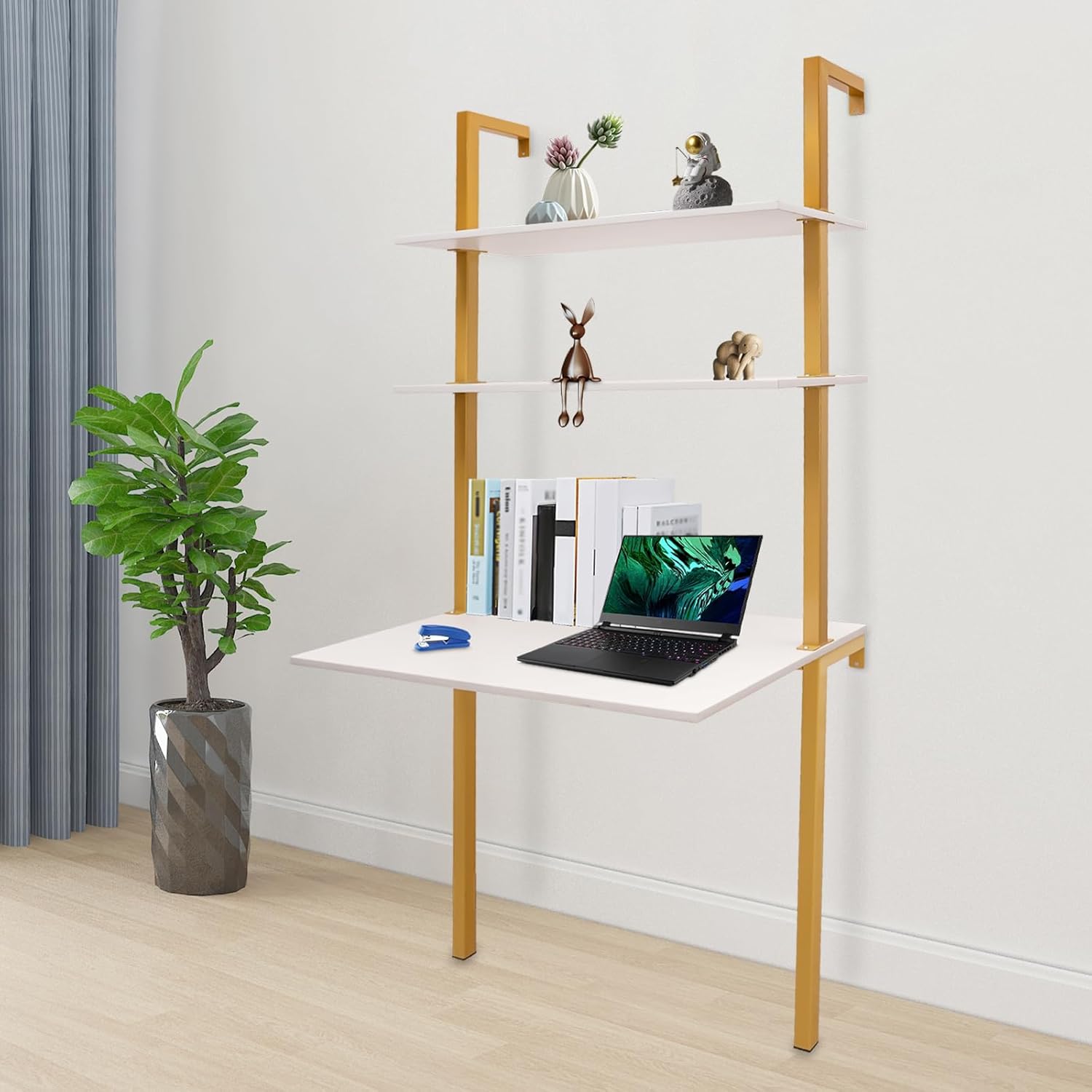 Industrial 3-Tiers Gold Wall Mounted Ladder Bookshelf, Pipe Iron Shelves Bookshelf, Storage Book Shelves Display Bookcases for Living Room Home Office