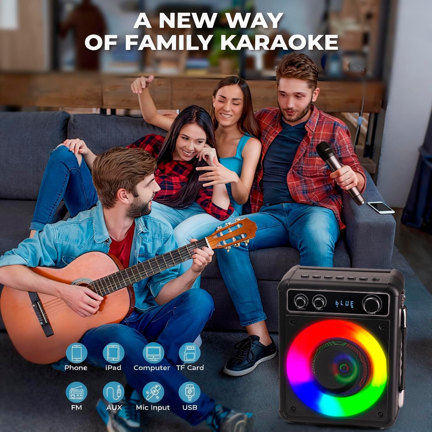 Karaoke Machine, Portable Bluetooth Karaoke Speaker with 2 Wireless Microphones, PA System for Adults Kids with LED Lights & Echo Adjustment, Supports TWS/TF/USB/AUX for Home Party