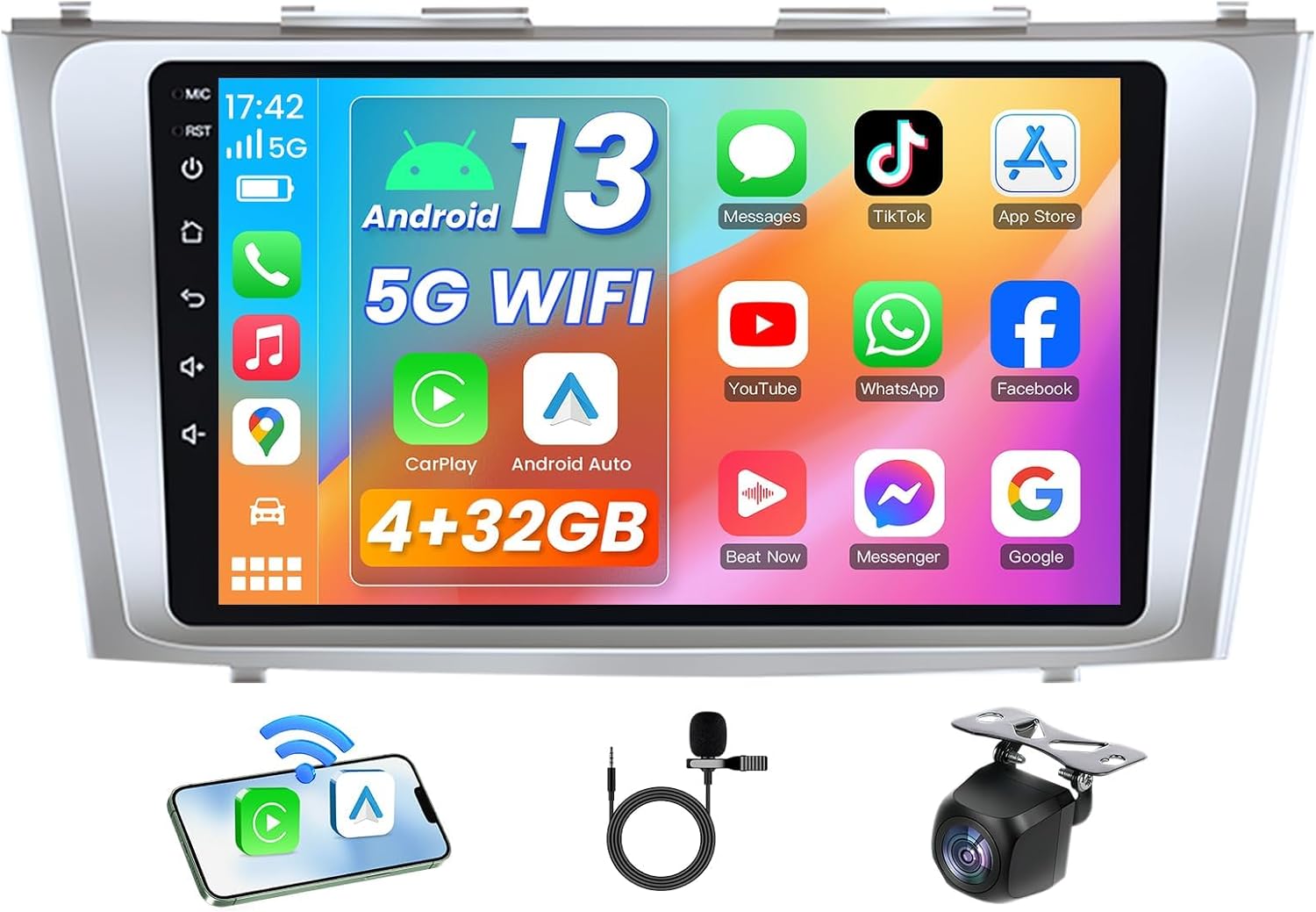 [8Core 4+32GB] Car Radio for Toyota Camry 2007-2011: 9 Inch 1280 * 800 HD Touchscreen Stereo with 5GWiFi Bluetooth5.0 FM Wireless CarPlay Android Auto 1080P Backup Camera GPS Split-Screen