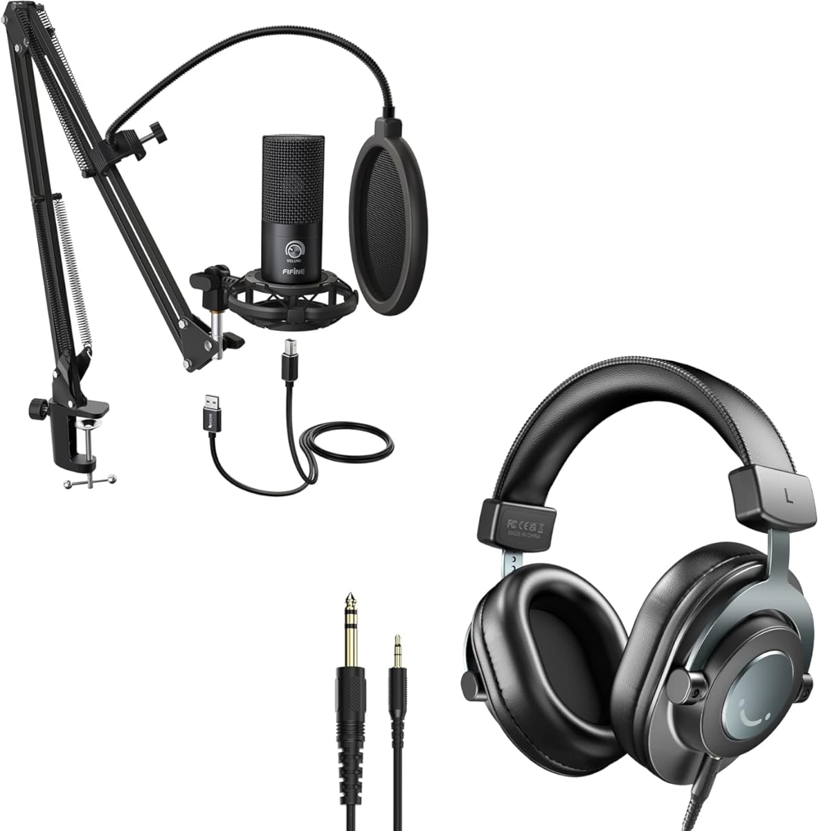 FIFINE Studio Microphone 6.35mm/3.5mm Headphones Bundle, USB PC Condenser Microphone with Scissor Arm Stand, Shock Mount, Monitor Over-Ear Headphones, for Instruments Recording Podcasting (T669+H8)