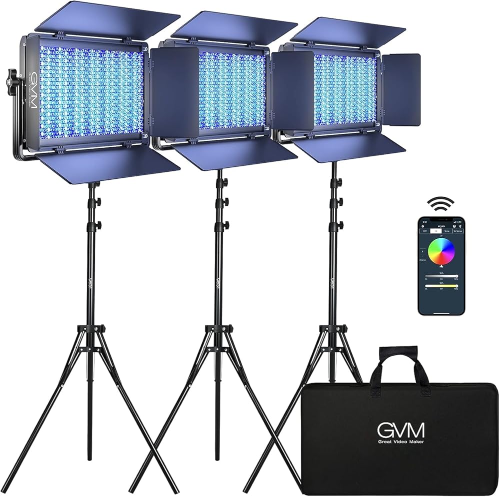 GVM 1500D RGB LED Video Light, 75W Video Lighting Kit with Bluetooth Control, 3 Packs Led Panel Light for Photography, YouTube Studio, Video Shooting, Broadcasting, Conference, 1128 Led Beads