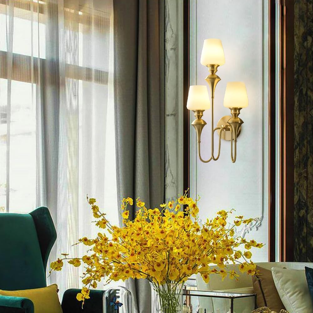 Brass Wall Lights Fixture Indoor, Vintage 3-Lights Wall Sconce Fixtures with Milky White Glass Lampshade, Mid Century Modern Gold Wall Mount Lamps Decor for Farmhouse Living Room Bedroom