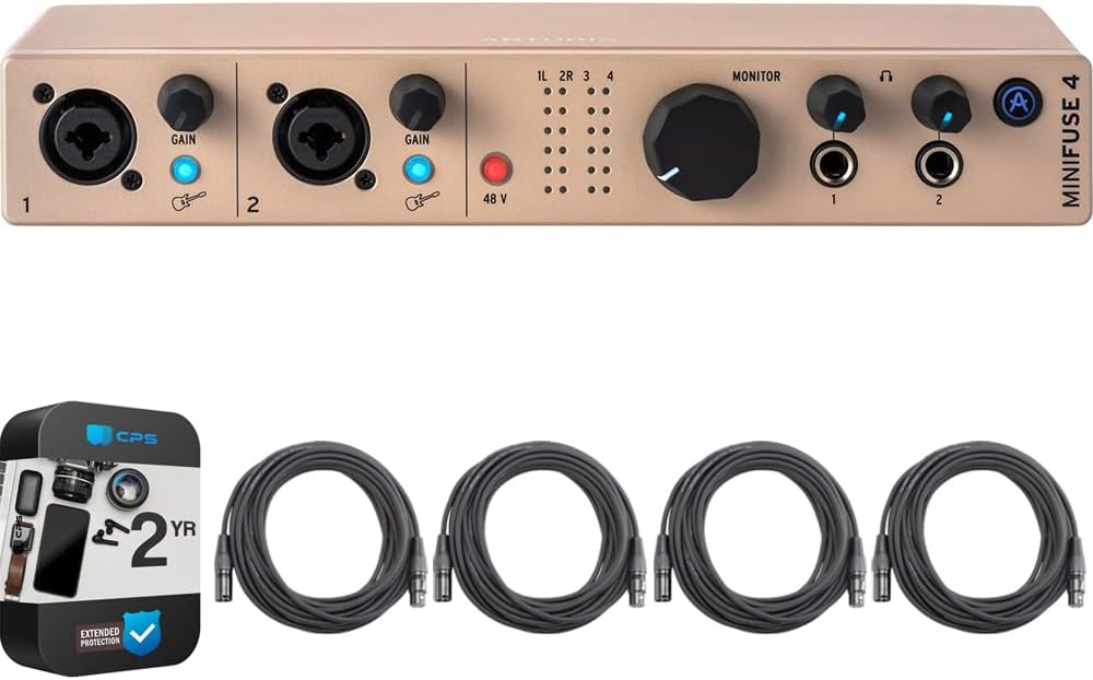 Arturia 800123 MiniFuse 4 USB-C Audio Interface, Champagne Bundle with 2 YR CPS Enhanced Protection Pack and 4x OnStage 25ft XLR Cable