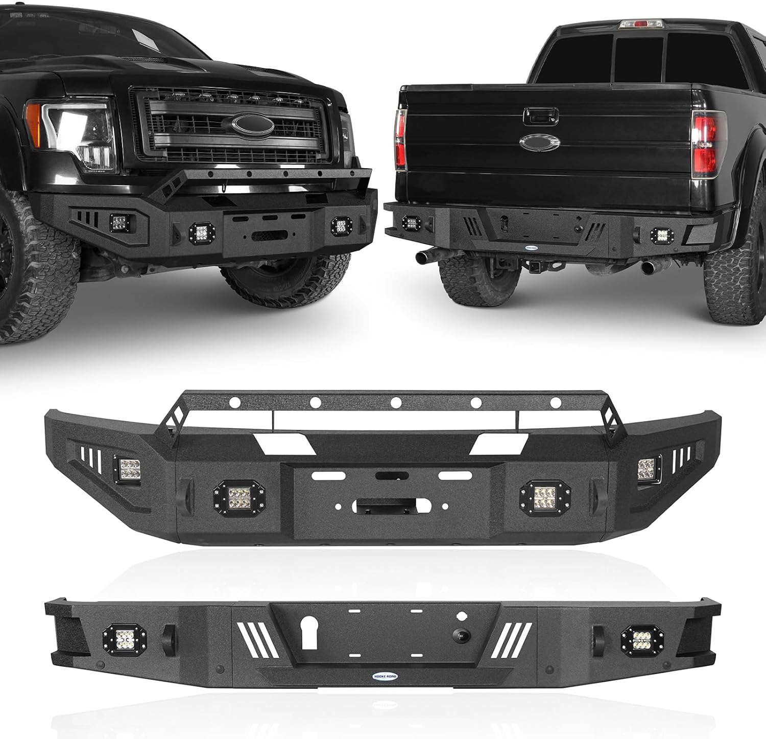 Hooke Road 09-14 F150 Front Winch Bumper + Rear Step Bumper w/LED Lights for Ford F-150 2009 2010 2011 2012 2013 2014 Pickup (Exclude Raptor & Flareside)