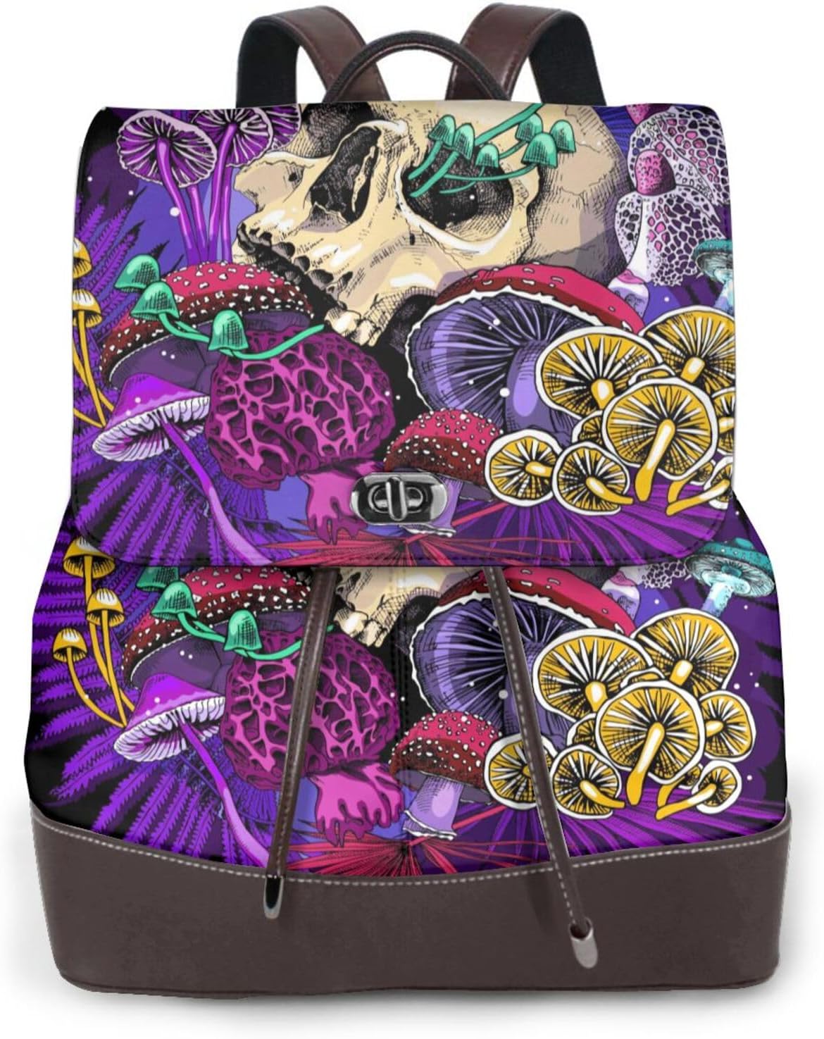 Mushrooms and Skull for Womens Backpack Purse Microfiber PU Anti-theft Large Fashion Designer Travel Bag Ladies Shoulder Bags