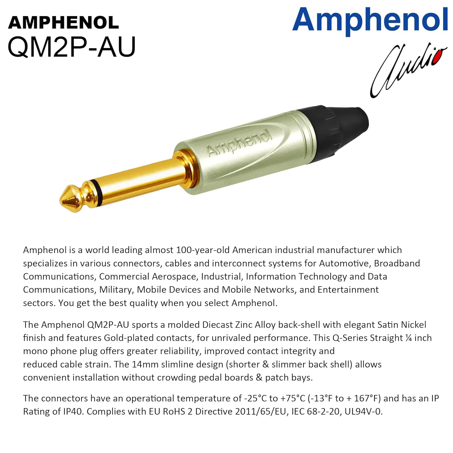 40 Foot - Gotham GAC-1 Ultra Pro (Black) - Premium, Low-Capacitance (21 pf/F) Guitar Bass Instrument Cable - Amphenol QM2R-AU & QM2P-AU ¼ Inch (6.35mm) Gold TS Connectors