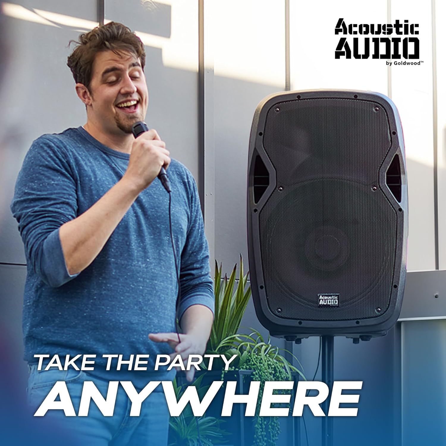 Acoustic Audio by Goldwood 1000W Bluetooth Speaker w/ Flashing LED, Large Plug-In PA System w/ Stand, Mic, & Remote for Karaoke, DJ, or Tailgate Party