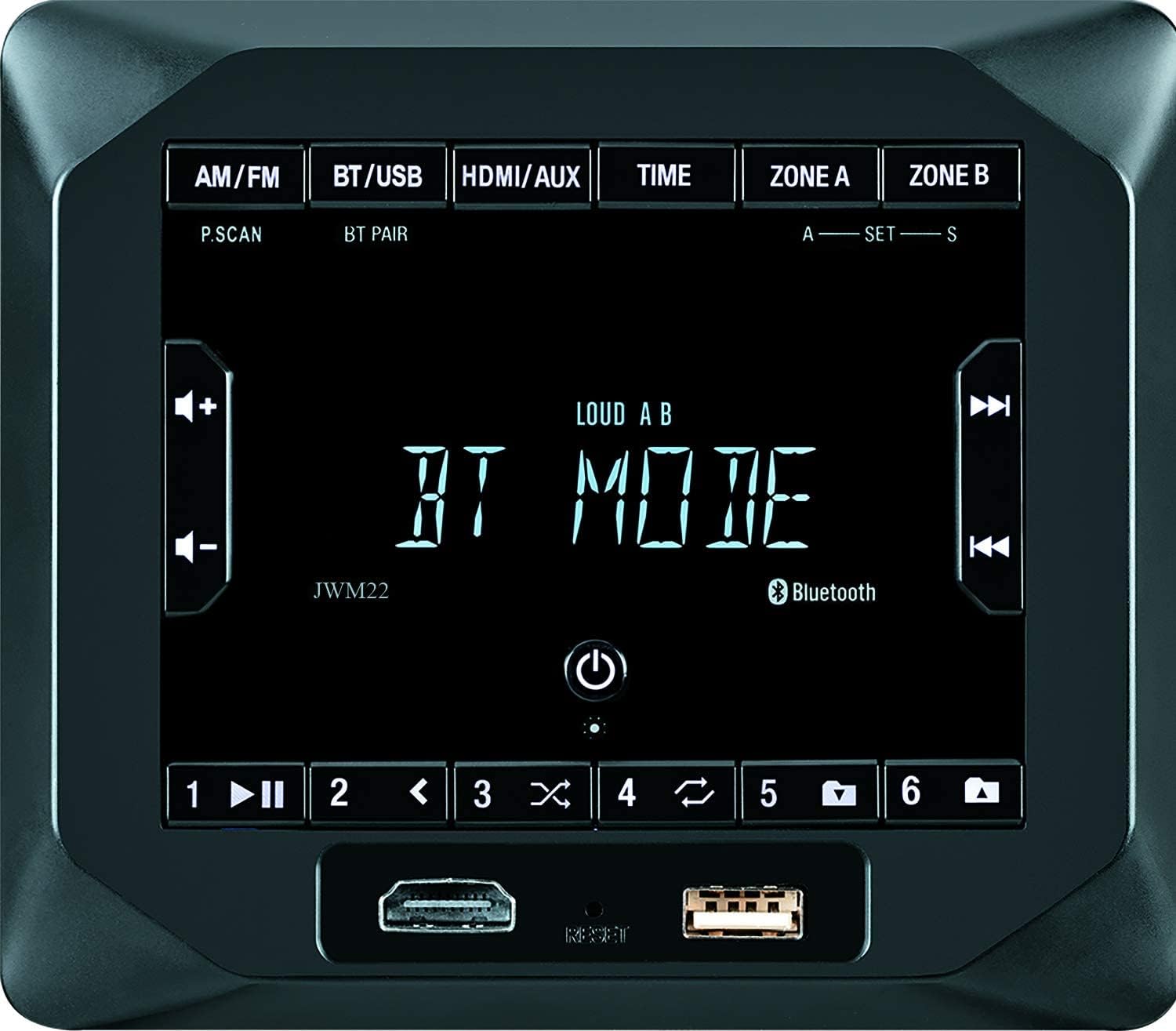 Jensen JWM22 2-Speaker Zones AM/FM/BT/HDMI/AUX Cube Wall Mount Stereo, Speaker Output 4X 6 Watt, 30 Station Presets (18FM/12AM), Receives Bluetooth Audio and Controls (Renewed)