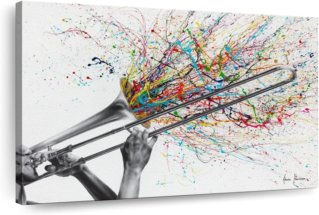 ElephantStock Trombone Solo Wall Art - Horizontal Wrapped Canvas - 1-Piece Living Room Wall Decor - Painting Music Canvas Print - White and Gray Decor for Wall by Ashvin Harrison - 36