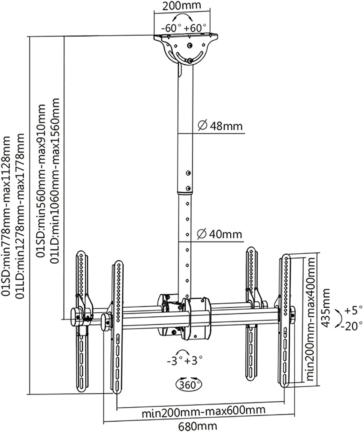TV Stand,tv Wall Mount Full Motion 360° Rotation TV Ceiling Mount, Tilt Swivel TV Bracket, Fits Most 32-70inch LCD Flat Screen and Curved TVs
