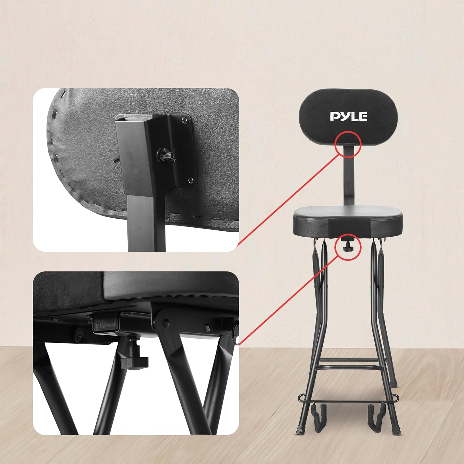 Pyle Adjustable Guitar Seat with Built-In Stand, EVA Foam Padded Cradles, Removable Backrest, Non-Slip Rubber Feet, Collapsible Design – Fits Acoustic, Electric & Bass Guitars – 300 lbs Capacity.