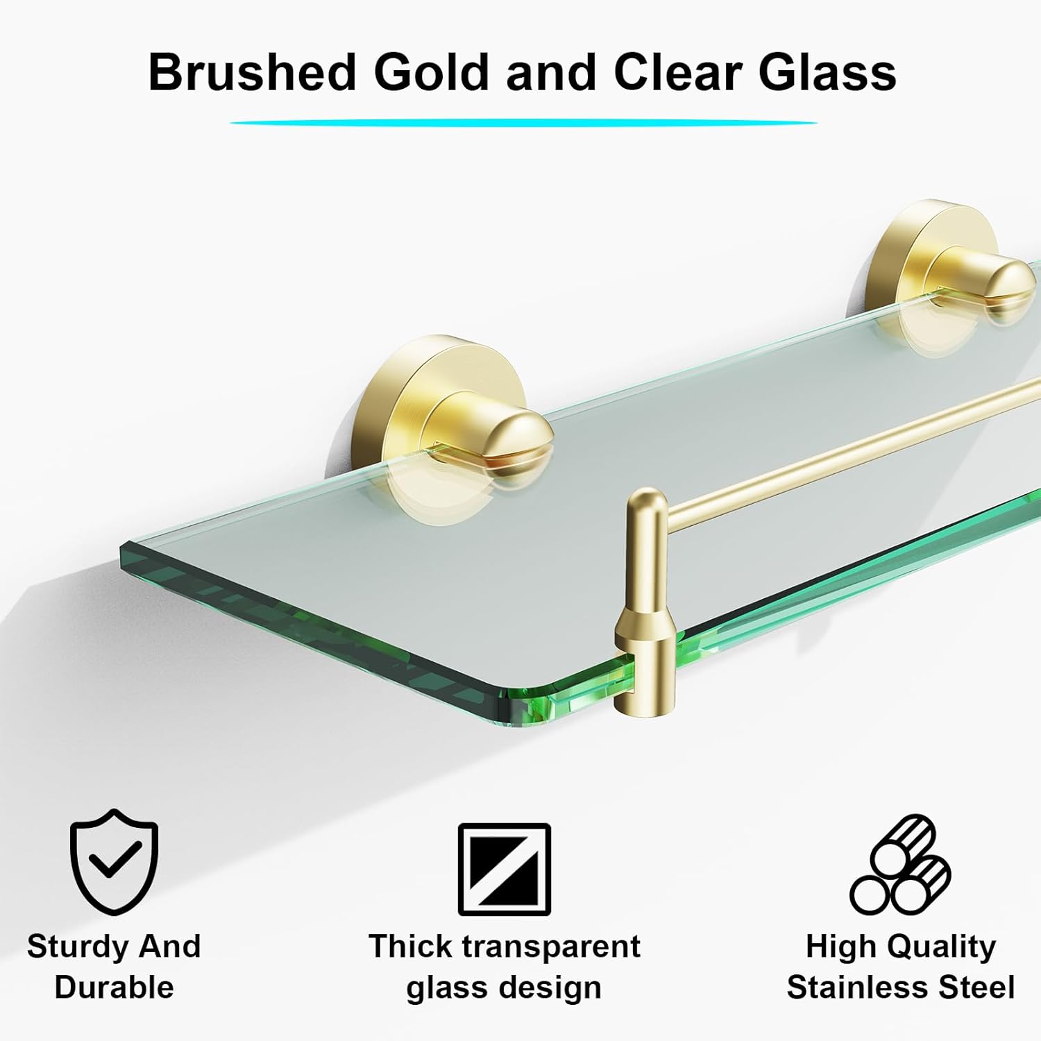 Glass Shelf for Bathroom 2 Pack,16-Inches Floating Glass Shelves Towel Bar/Track(Brushed Gold)