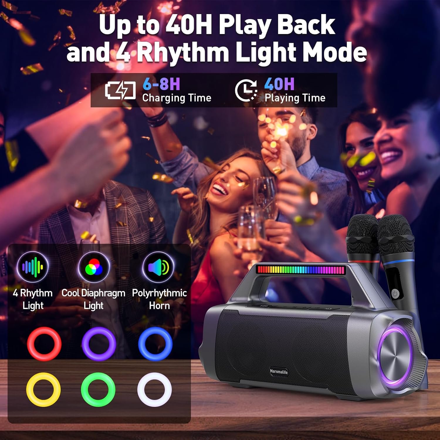 Karaoke Machine with Two Wireless Microphones,Portable Bluetooth Speaker for 100W Stereo Sound, IPX7 Waterproof Speaker with Remote Control Supports for USB,AUX,TWS,40H Playtime,BT 5.3,Rhythm Light